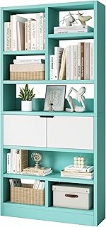 Wooden Book Shelf - Open Shelf Bookcase, Freestanding Display Storage Cabinet Organizer with Cubes and 2 Doors Cabinet, Floor Standing Bookshelf Display Rack Bookcases (61" H, Tiffany Green)