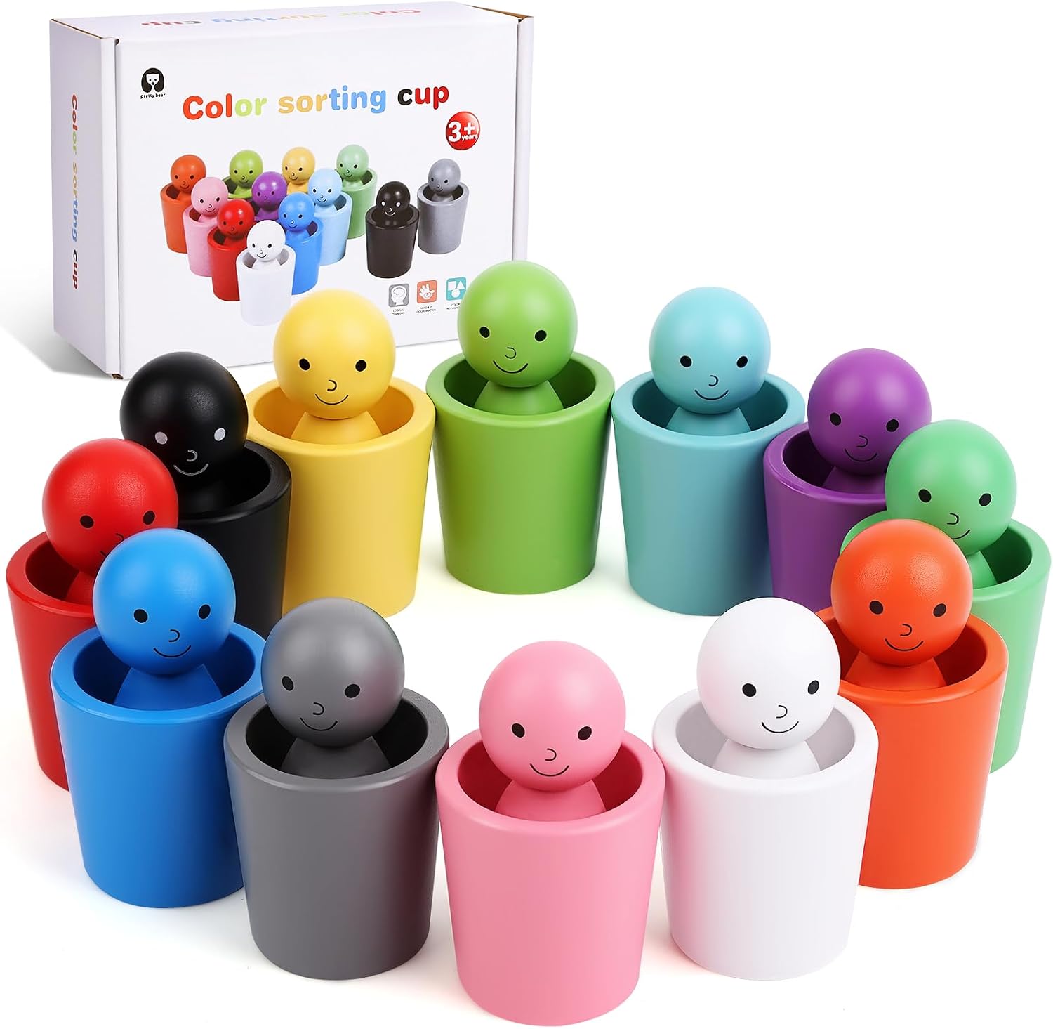 Azazaza Color Sorting Cups, 12Pcs Peg Dolls In Cups Colour Sorting Toys for Toddlers, Preschool Color Matching Toy, Color Recognition Playset, Wooden Color Sorting Dolls Cups Toys for Kids