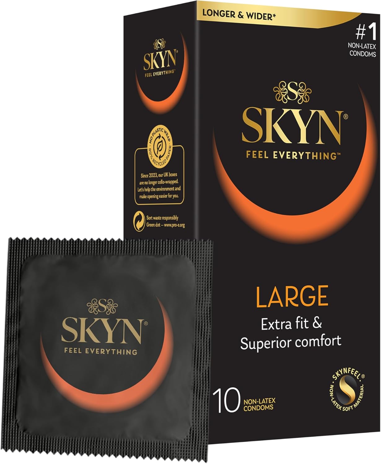 SKYN Large Condoms Pack of 10 SKYNFEEL Latex Free Condoms for Men, Extra Large, XL, Thin, Smooth Straight Shape, Lubricated, 56mm Wide