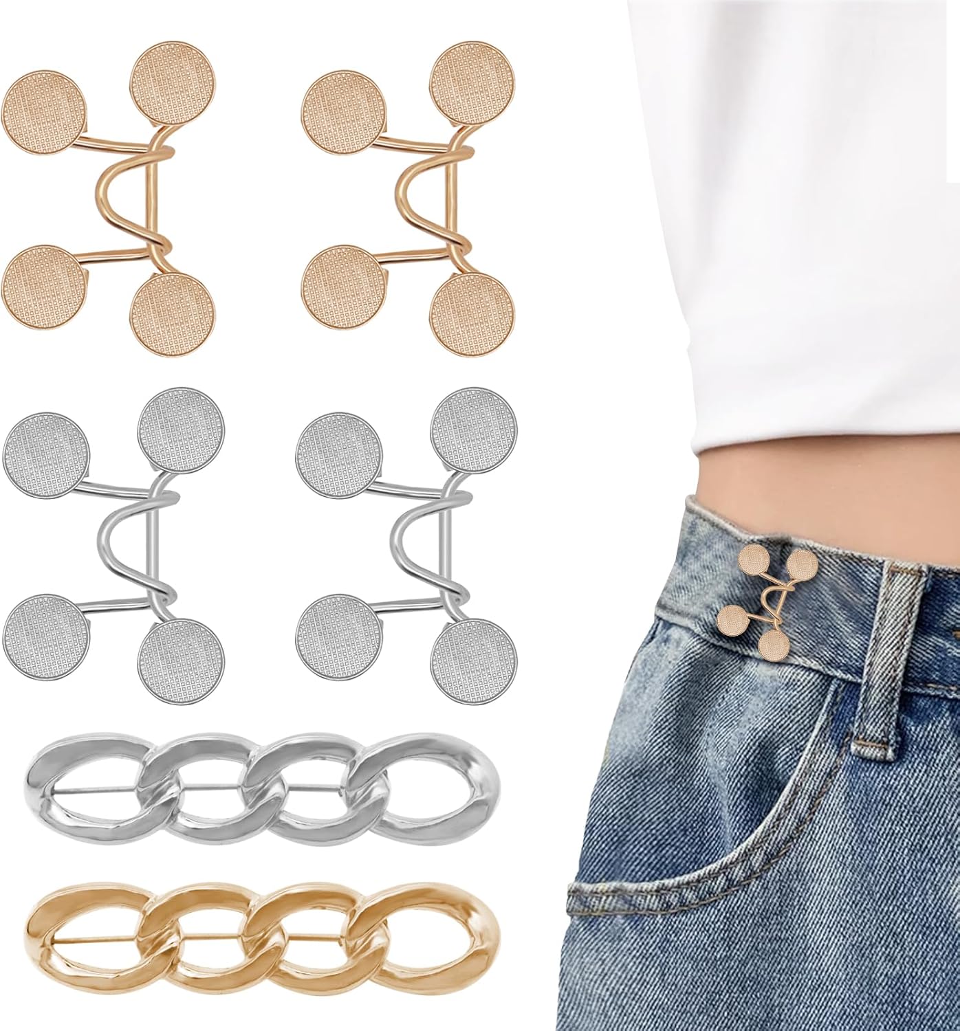 6 Set Pant Waist Tightener Buttons Pins for Loose Jeans Reusable Waist Cincher Clip Metal Brooch for Clothing Dresses Skirts No Sewing Decoration Accessories（Gold+Silver