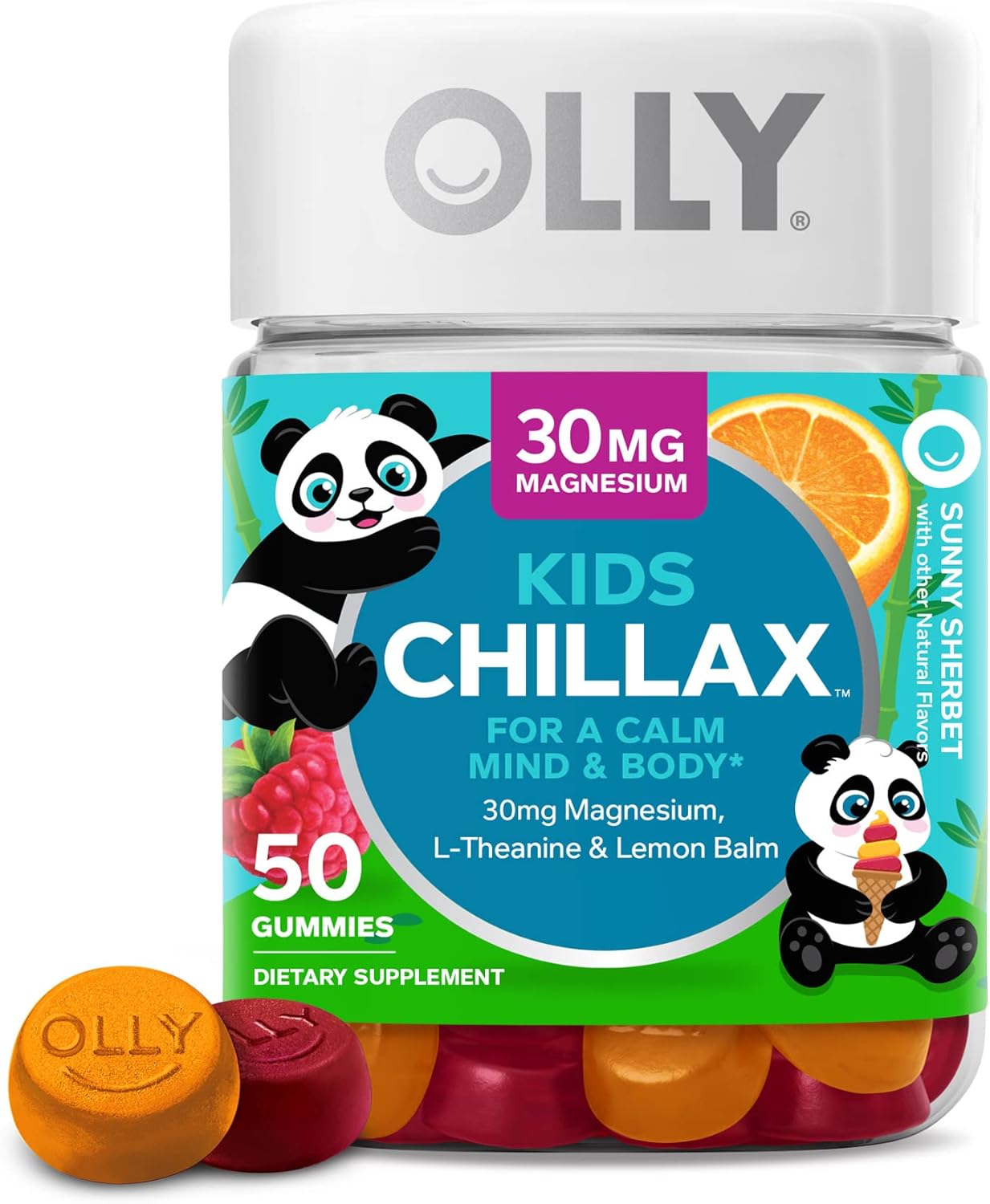 OLLY Kids Chillax Gummies, Magnesium, L-Theanine, Lemon Balm, Chewable Supplement, Sherbet Flavor