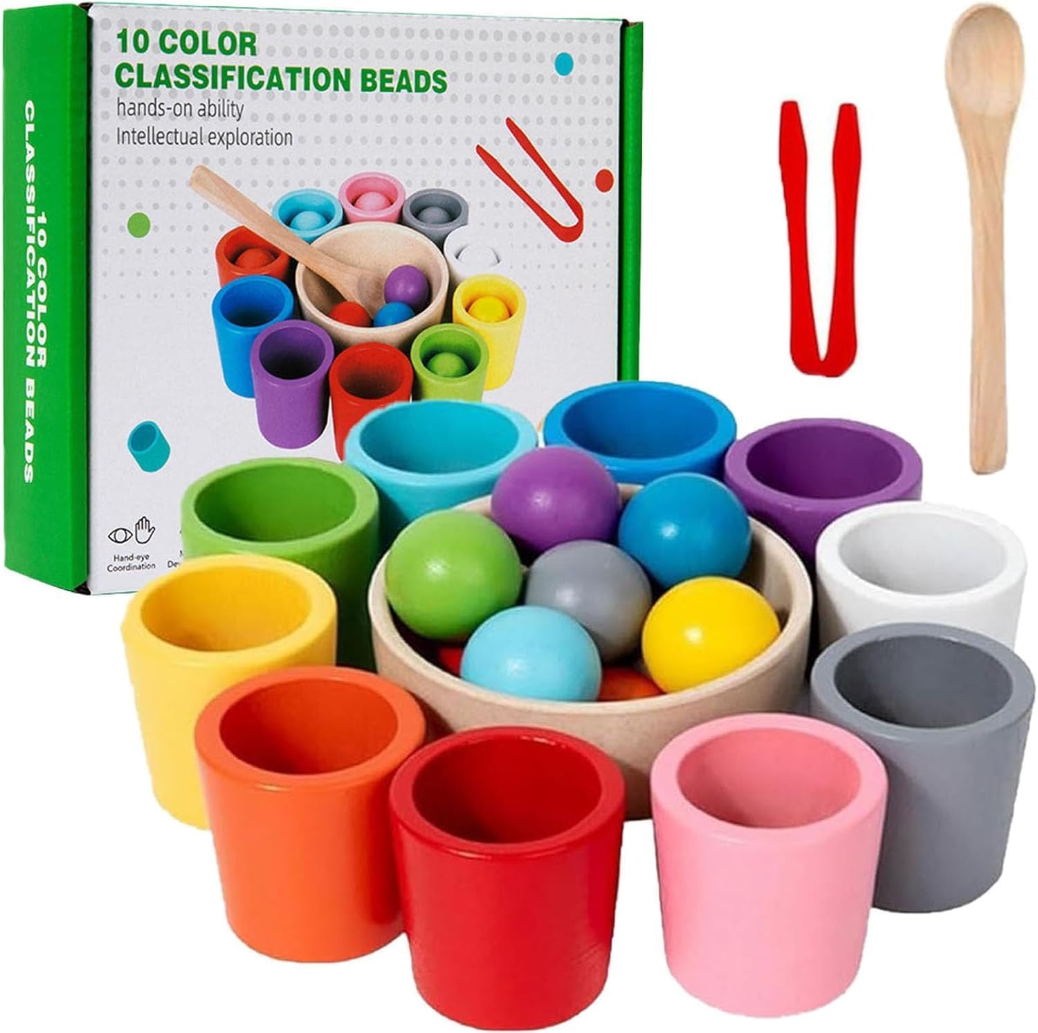 Colour Sorting Cups, Wooden Rainbow Balls Stacking Cups, Fine Motor Skills Counting Learning Games, Montessori Colour Matching Toys for Kids 3 4 5 6