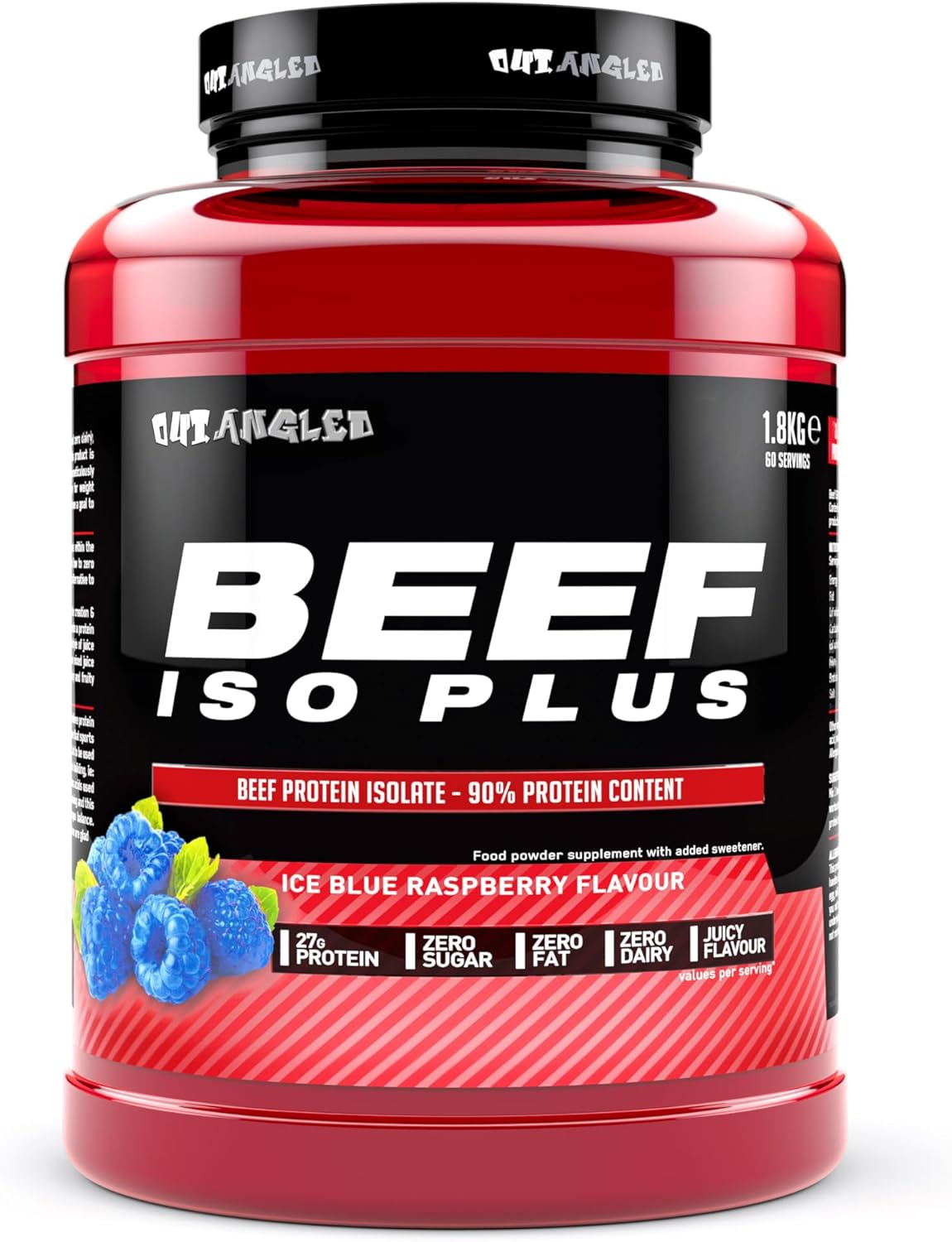 OUT ANGLED Beef Iso Plus, Beef Protein Isolate Powder, High Protein, Zero Fat and Sugar | Blue Raspberry 1.8kg 60 Servings | Halal, Paleo and Keto Friendly, Dairy and Gluten Free