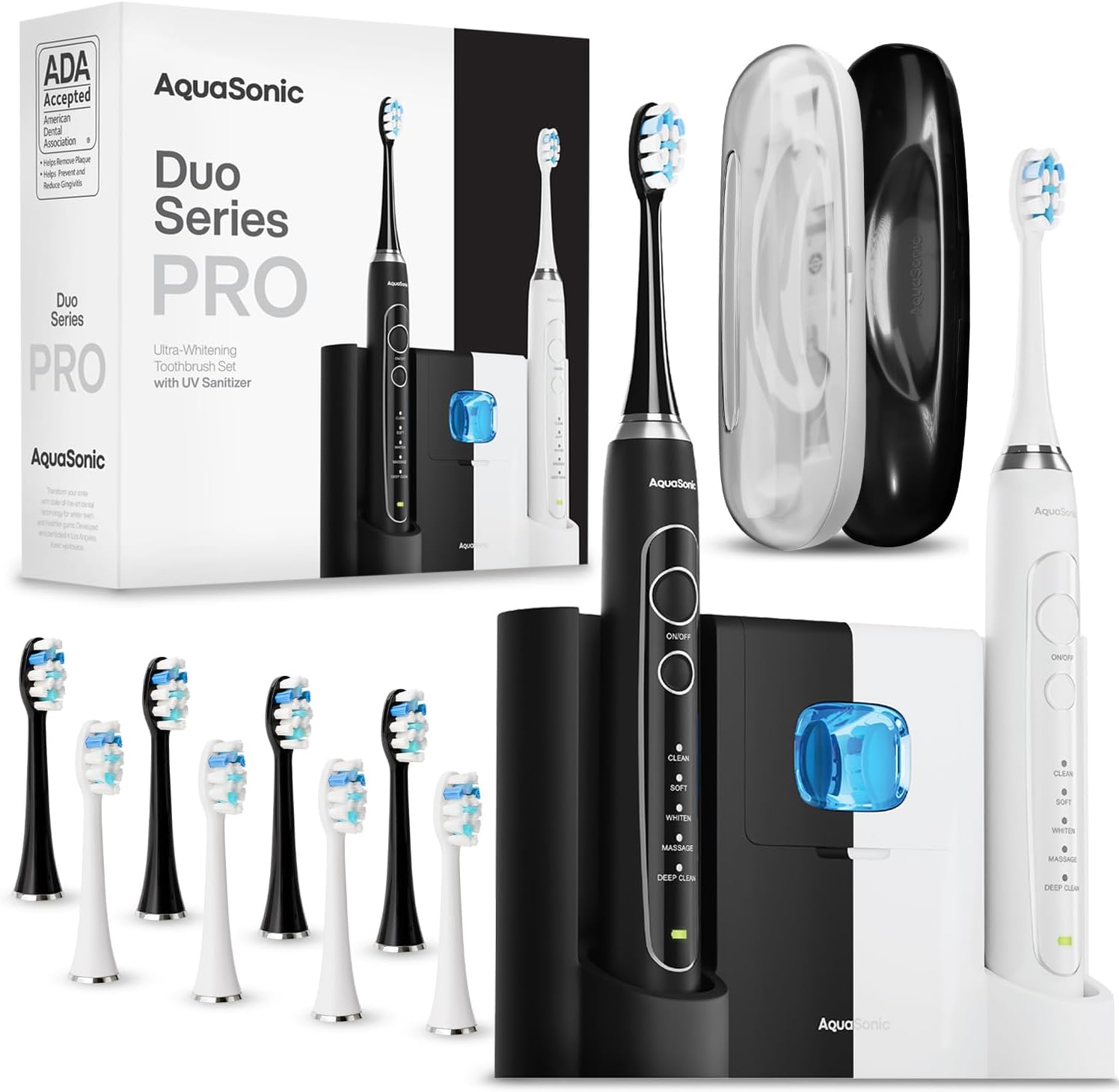 Aquasonic - Duo Series PRO UV Electric Toothbrush | ADA Accepted Electric Toothbrushes with UV Sanitizer | Inductive Charging Base | 5 Modes with Smart Timers | 10 Proflex Brush Heads & 2 Travel Cases