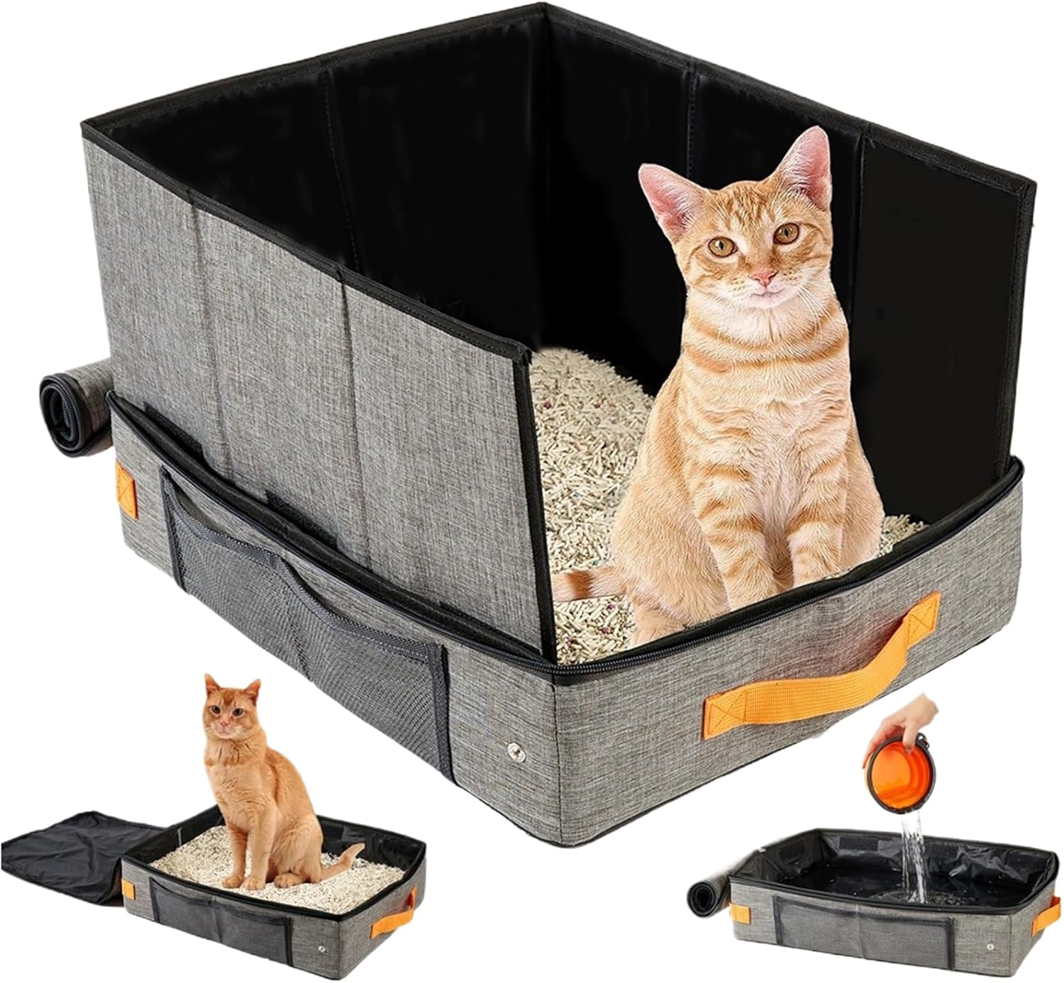 Travel Cat Litter Box | Foldable Cat Litter Box with Lid - Kitten Poop Container with Zipper for Housebreaking Treats Indoor Toy Corner Camping Airplane Outdoor Hotel Travel