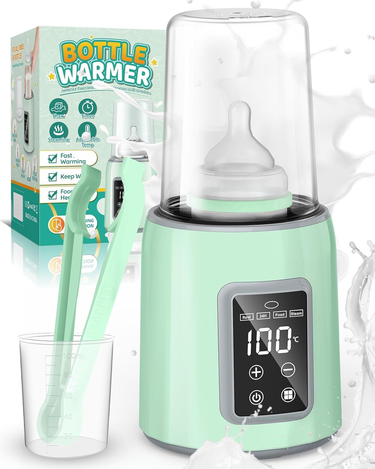 Baby Bottle Warmer Portable Milk Bottle Maker Machine Travel Food Warmer, Thermal Insulation, Stainless Steel Flask with Leak-Proof Lid Automatic Timer Includes Milk Powder Dispenser and Digital Lid