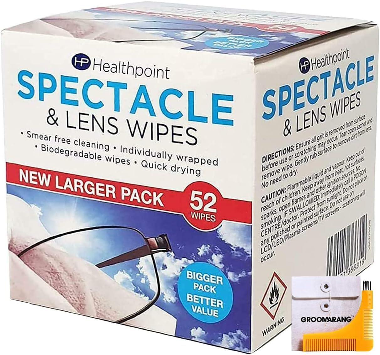 Healthpoint Glasses Wipes - 312 Individually Wrapped Lens Wipes - Also Suitable for Cameras, Binoculars & Smartphone Screens (6 Extra Value Packs of 52 = 312 Wipes) Plus Groomarang!
