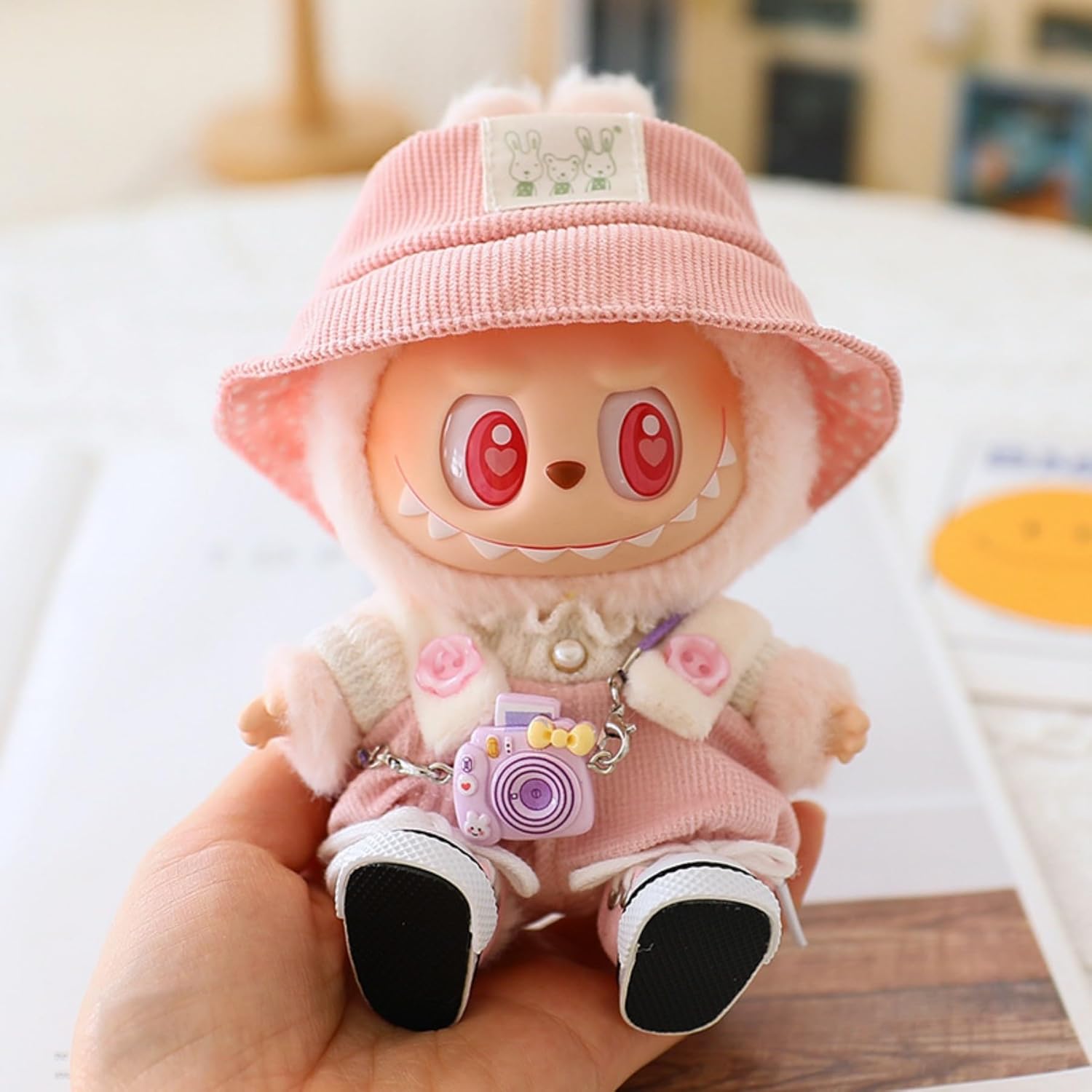 Clothes Set for Labubu Doll,Clothes for Labubu, Crochet 4 Piece Set Hat Clothes Cell Phone Backpack for LABUBU, Stylish Adorable Dolls Clothes Accessories (No Doll) (Pink)