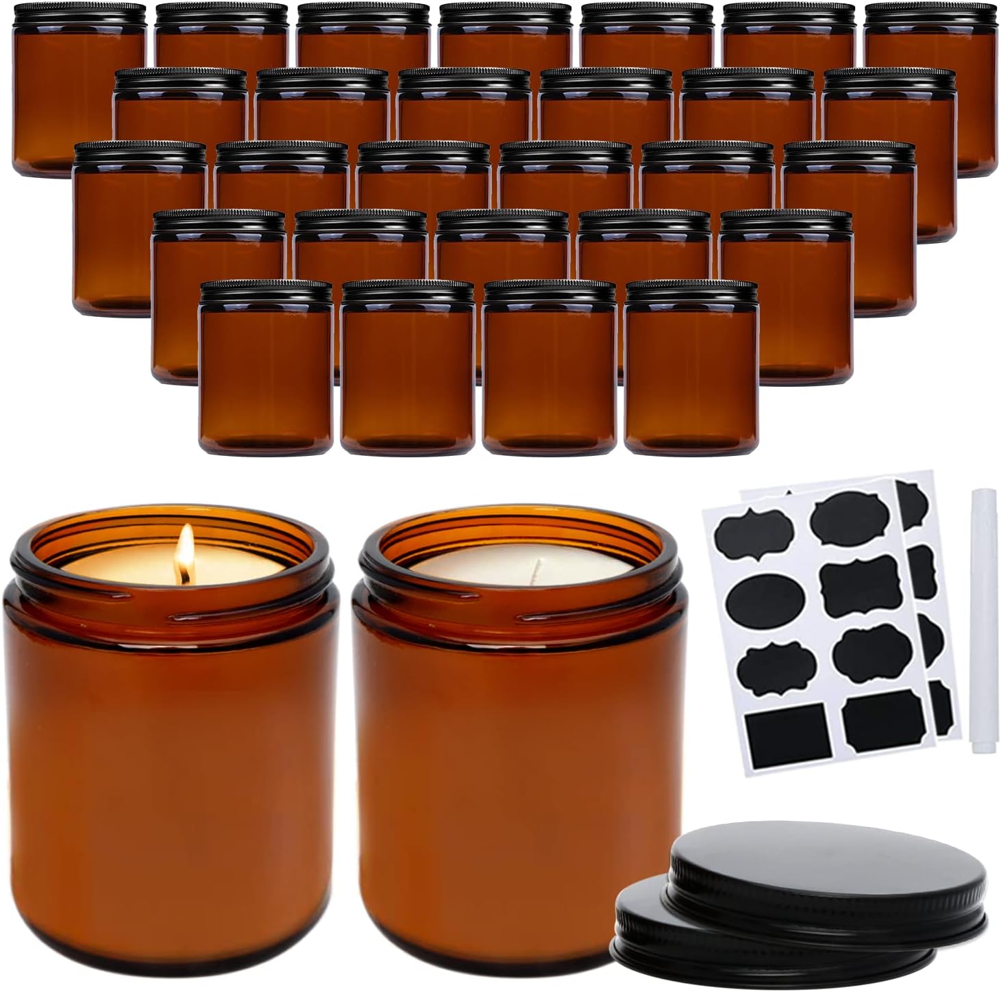 QAPPDA 8oz Amber Candle Jars Set of 30,Round Glass Jars with Black Lids,Empty 250ml Glass Candle Making Jars Bulk Thick Small Food Storage Jars for Spice,Candy,Powder