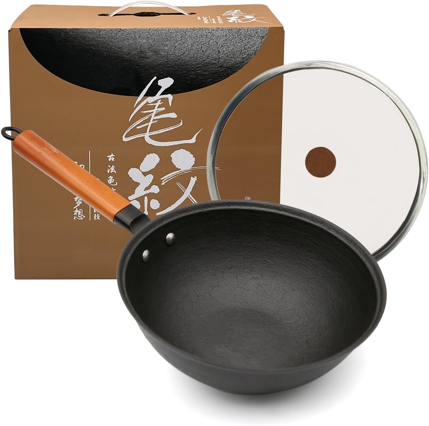Nonstick Frying Wok Pan Hybrid, 9 Inch Preseasoned Deep Stir Fry Pan Skillet with Glass Lid, Traditional Chinese Cast Iron Wok, No Coated Saucepan for Induction, Electric, Gas, Grill Stoves