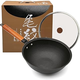 Nonstick Frying Wok Pan Hybrid, 9 Inch Preseasoned Deep Stir Fry Pan Skillet with Glass Lid, Traditional Chinese Cast Iron Wok, No Coated Saucepan for Induction, Electric, Gas, Grill Stoves