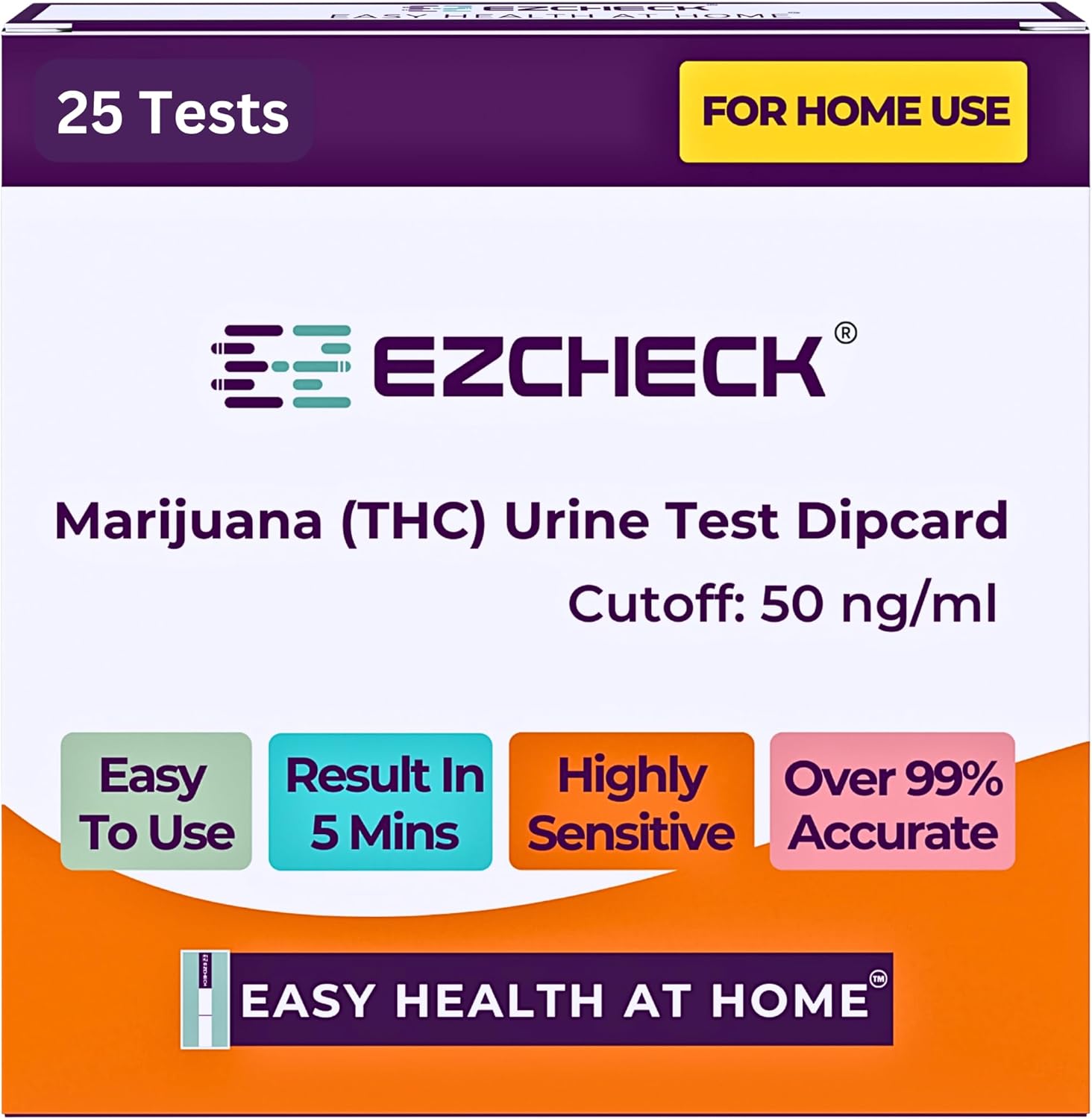 [25 Tests] EZCHECK® Highly Sensitive at Home Marijuana Drug Test, THC Dip Card, THC Urine Drug Test, Easy Home Drug Test, 50 ng/Ml - Fast Result in 5 mins - FSA/HSA Eligible