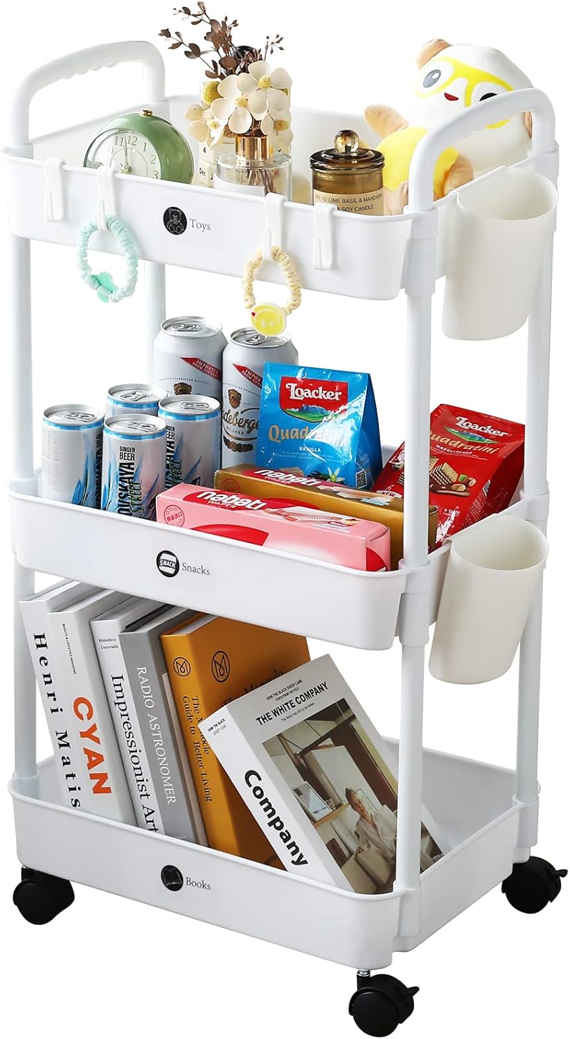 KOADOA 3-Tier Storage Trolley on Wheels, Kitchen Rolling Utility Cart Storage Organiser with Handle Hanging Cups for Office, Kitchen, Bedroom, Bathroom, Laundry Room, Narrow Places (White)