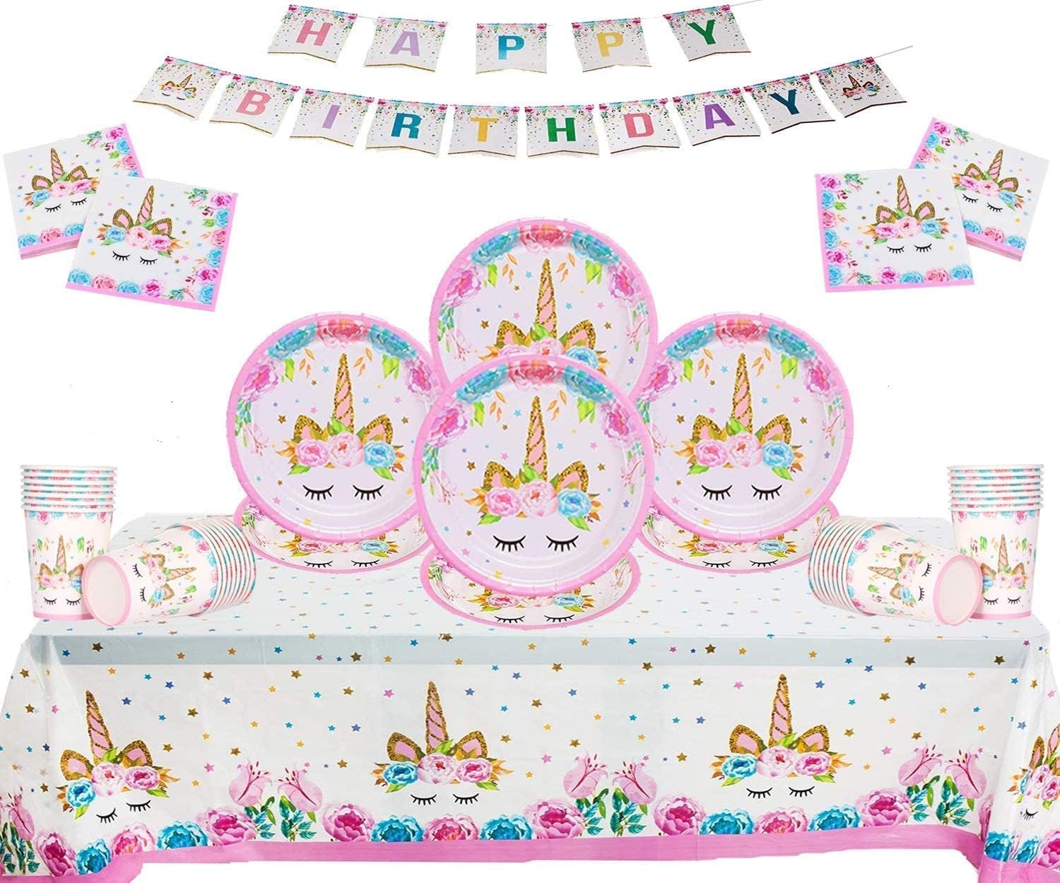 Offer Shop Unicorn Theme Party Supplies - 50 Piece Kids Birthday Party Decorations Set, Included - Plates, Cups, Napkins, Tablecloth and Paper Banner, Serve 16 Guests