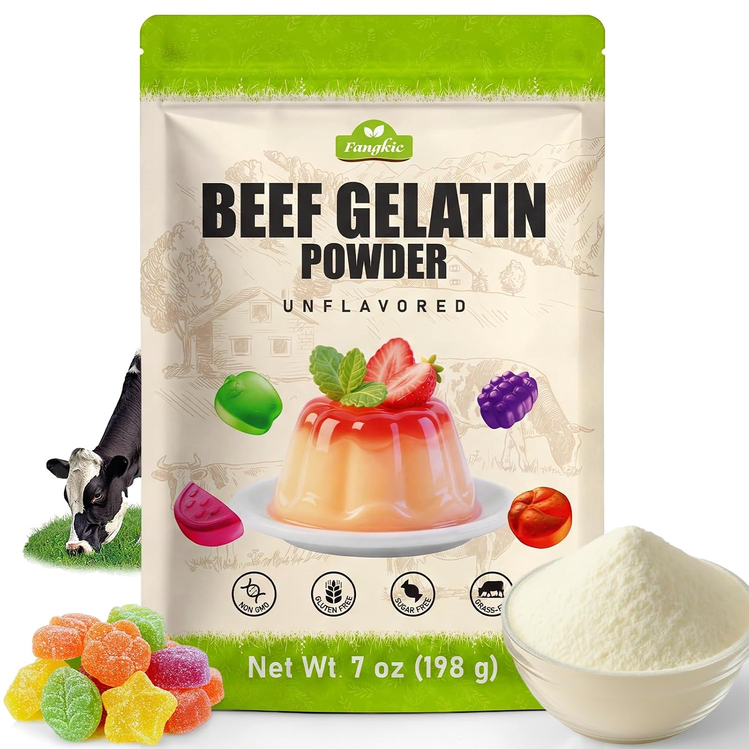 Beef Gelatin Powder Unflavored, 7 oz/198 g Grass Fed Gelatin Powder