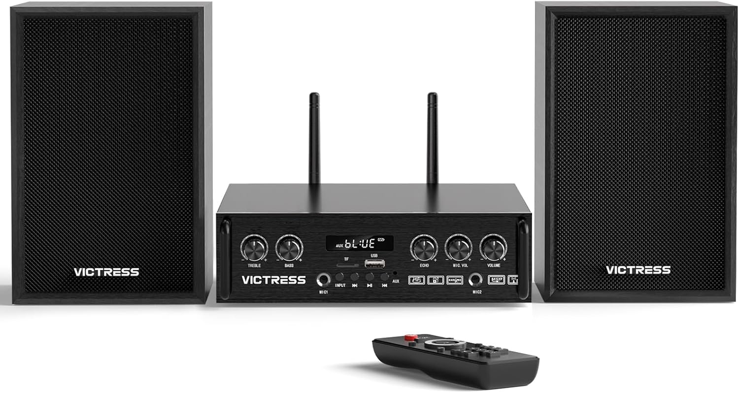Home Audio Receivers & Amplifiers with HiFi Speakers & 2 UHF Mics, Bluetooth Power Amplifier, Stereo System Set for Home, Karaoke Machine for Adults, USB/TF/SD/AUX/FM, for Meeting, Party