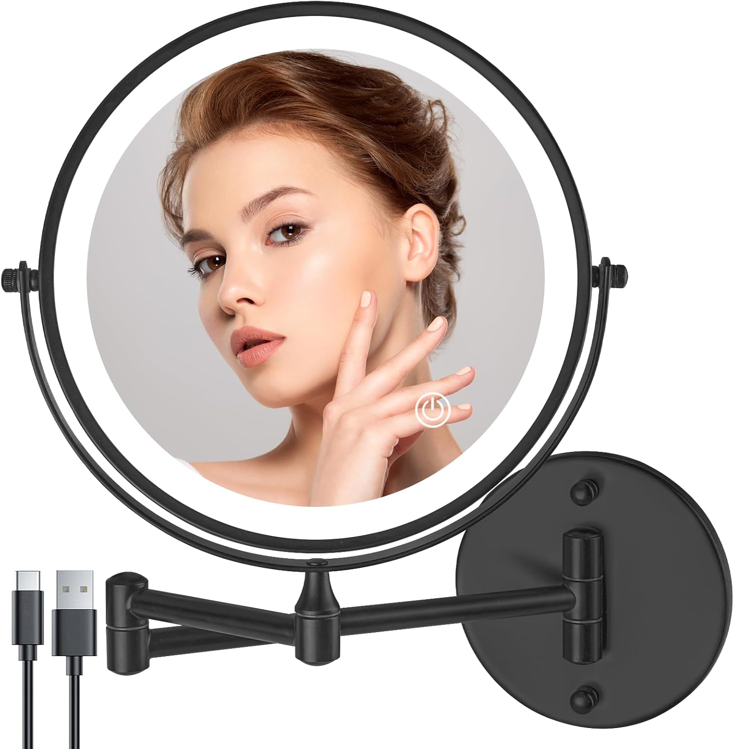 8 Inch Vanity Makeup Mirror Wall Mounted, Double Sided 1X/10X LED Magnifying Mirror, 3 Color Lights & 360°Swivel 13 Inch Extendable Bathroom Shaving Mirror (Black)