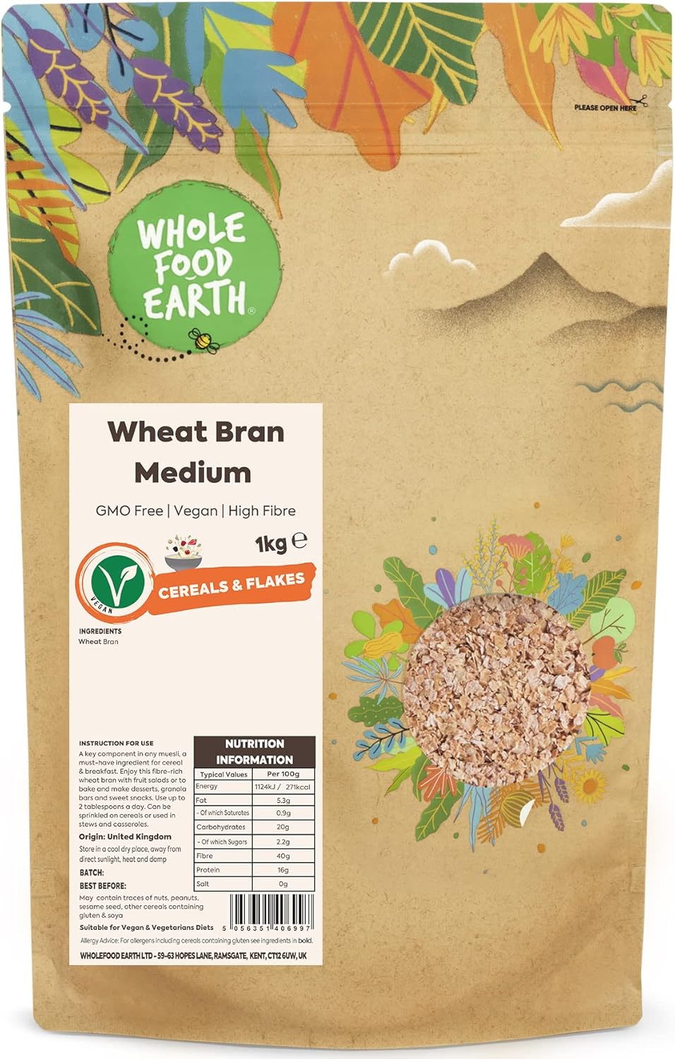Wholefood Earth Wheat Bran Medium - 1kg - High Fibre