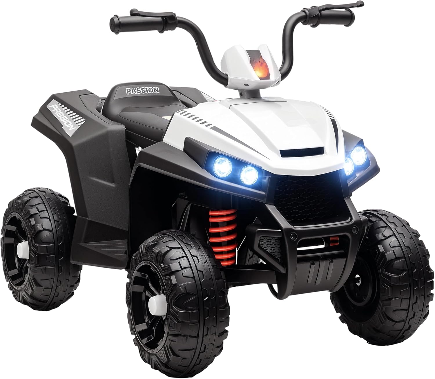 AIYAPLAY Kids Quadbike, 12V Electric Ride on ATV with 4 Wheels Spring Suspension, LED Light, Music, MP3, 5KM/H Battery Powered, for Ages 3-5 Years, White