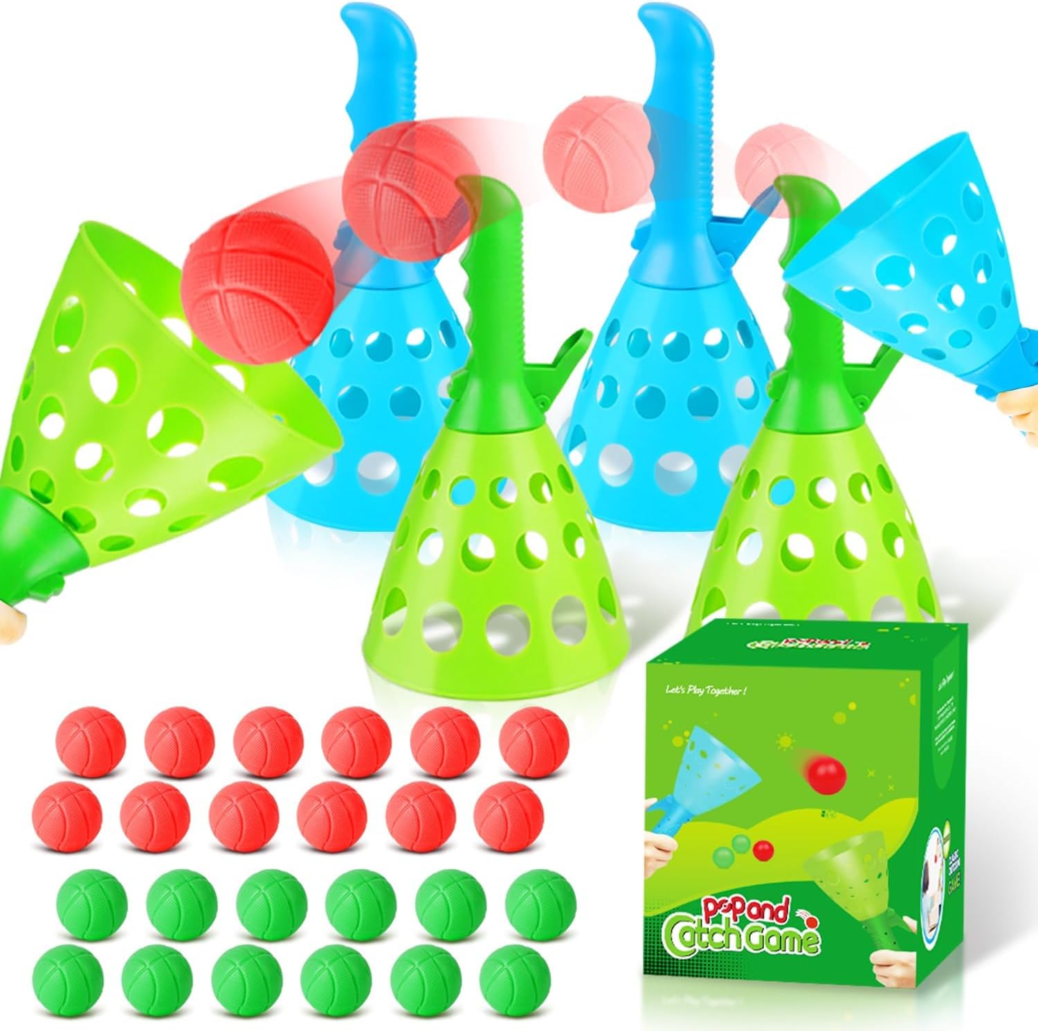Duckura Outdoor Indoor Game Activities for Kids, Pop-Pass-Catch Ball Game with 4 Catch Launcher Baskets and 24 Balls, Halloween Party Favors Beach Sport Toys for Kids Age 5 6 7 8 9+
