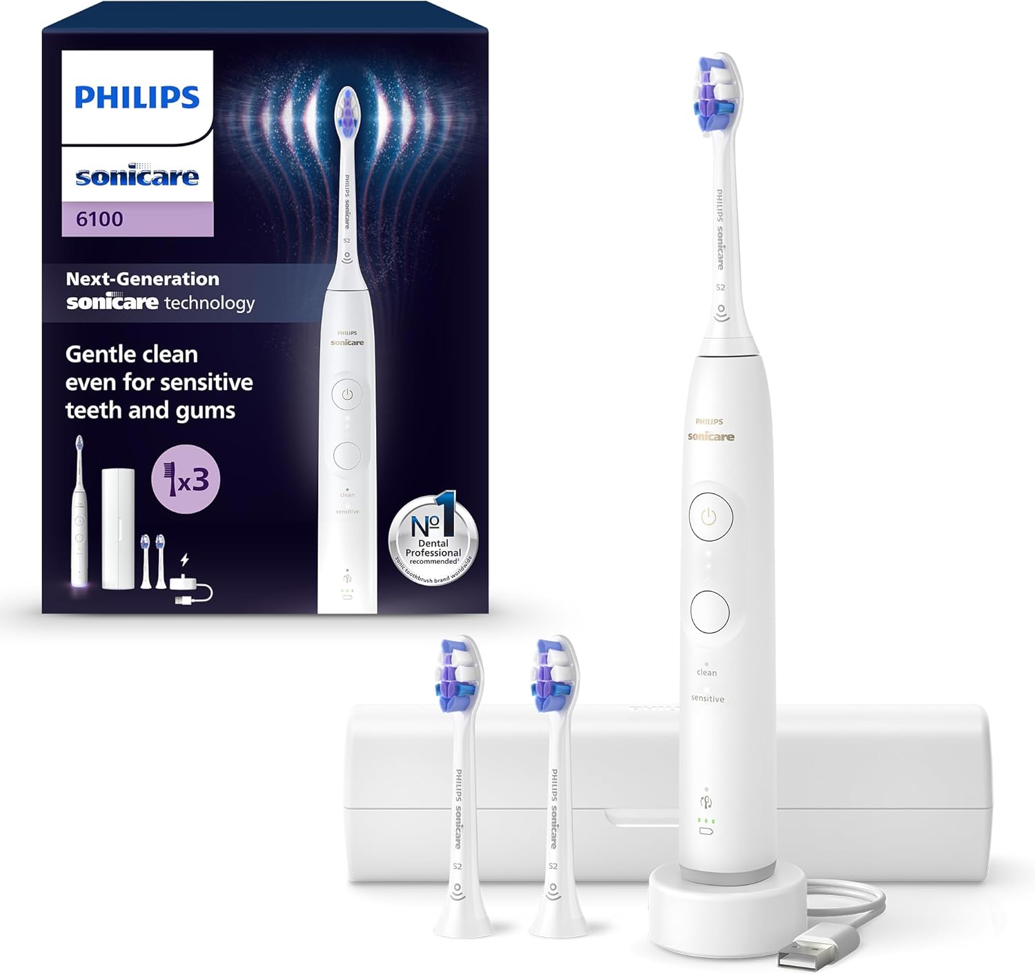 Philips Sonicare 6100 Electric Toothbrush, Sonic Toothbrush with 2 Brushing Modes and 3 Intensity Levels, Pressure Alert, EasyStart, SmarTimer, Travel Case, White, Model HX7400/02 [New Technology]