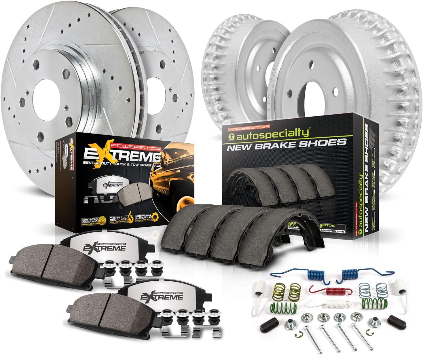 Power Stop Brake Kit For 2005-2022 Toyota Tacoma [6 Lug Models] - Front and Rear Truck & Tow, Carbon-Fiber Ceramic Brake Pads and Drilled and Slotted Rotors and Brake Shoes Replacement, K15231DK-36