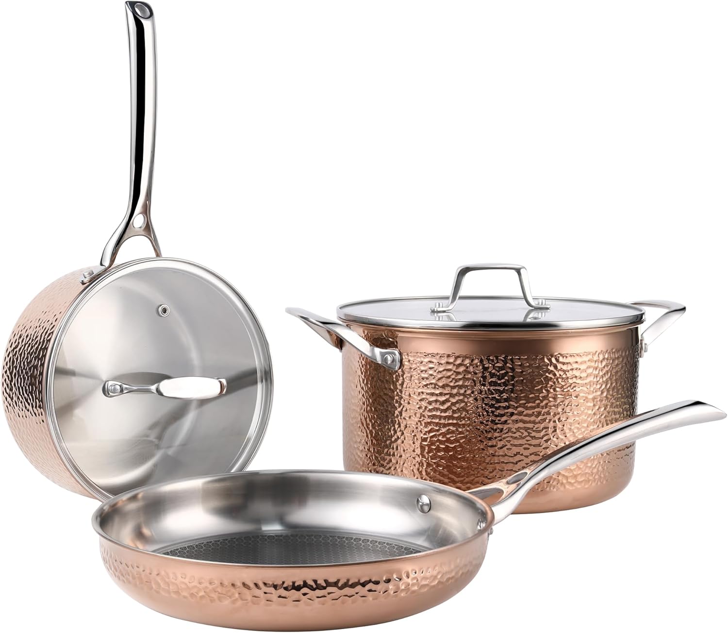 Stainless Steel Pots and Pans Set, Luxury Tri-Ply Hammered Kitchenware Cookware with Lids, Heavy Duty & Non-Toxic Rose Gold Special Hammered Pattern Detail, 5-Piece