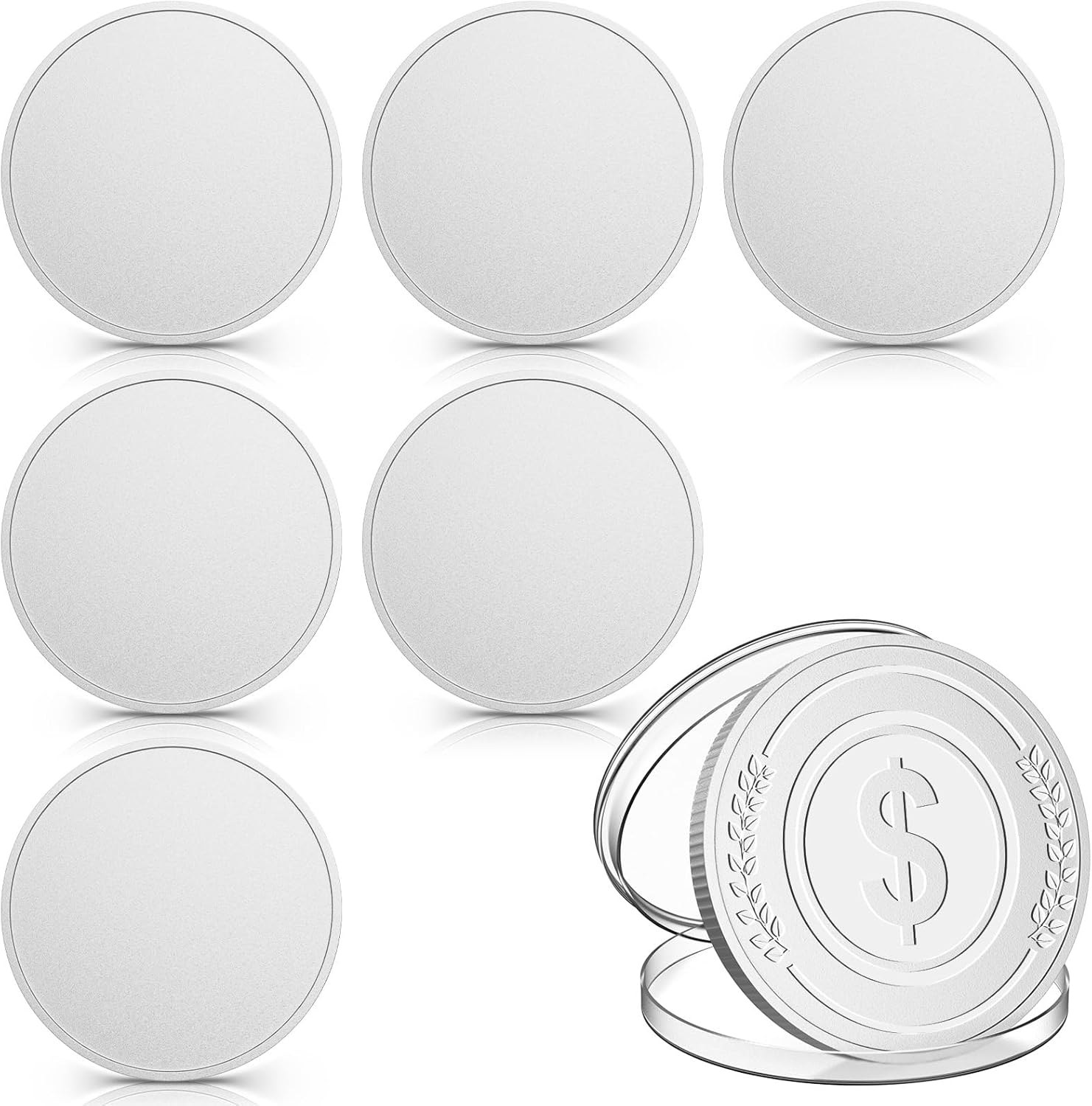 weparmeety 6 Pcs Blank Challenge Coin, Engraving Blanks Coins Threaded Edged 40 mm with Acrylic Protection Box Laser Engravable Pattern for DIY Crafts Commemorative Collection (Sliver)