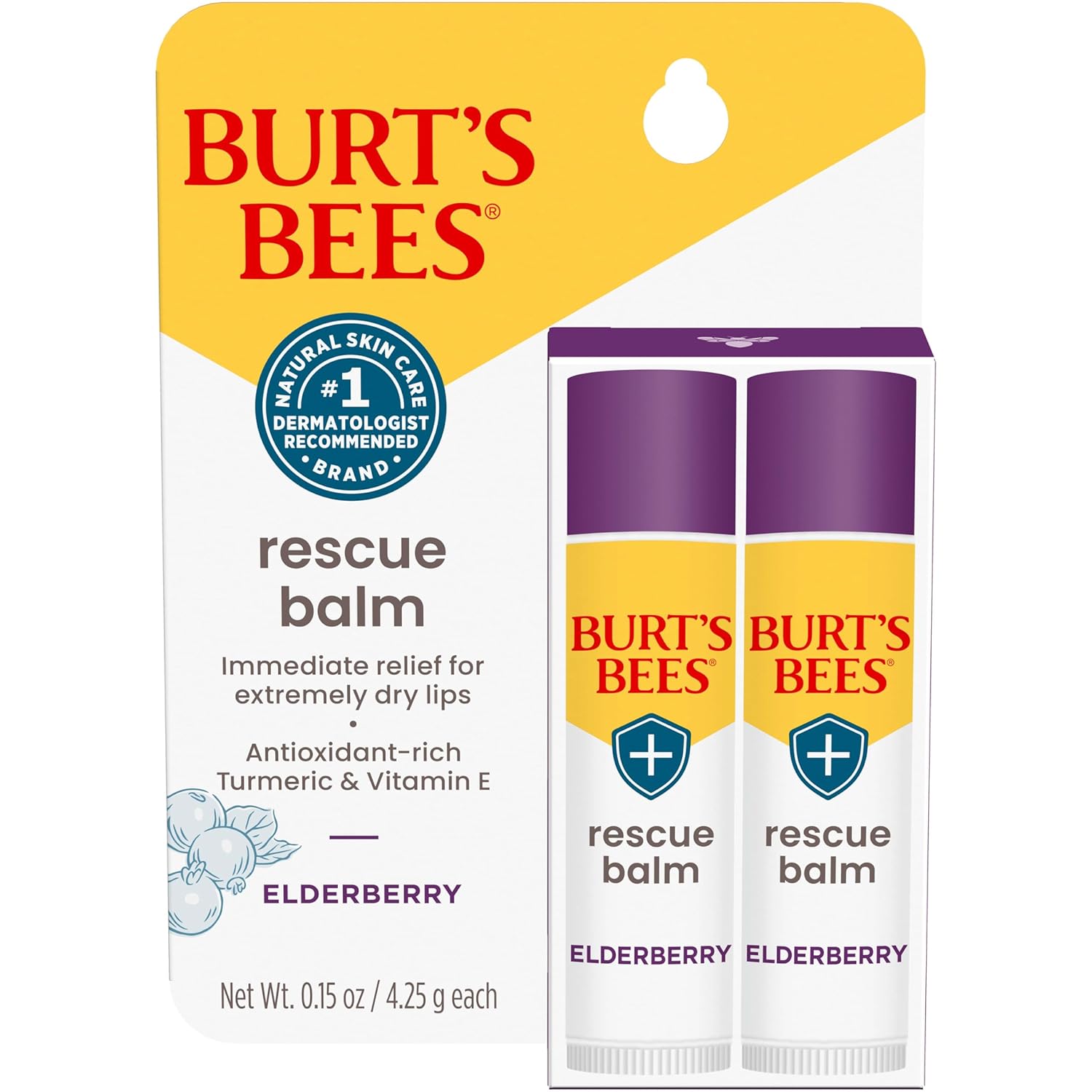 Burt's Bees Lip Balm Stocking Stuffers, Moisturizing Lip Care Christmas Gifts, Rescue Lip Balm with Beeswax & Antioxidant-Rich Elderberry, Natural Origin Treatment (2-Pack)