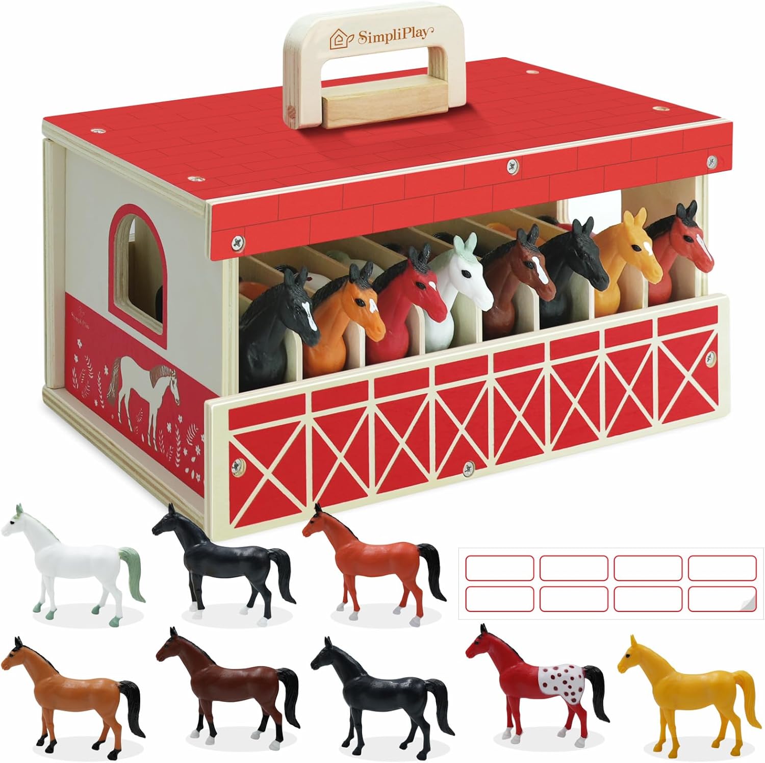 Wooden Horse Stable Playset, 8pcs Horse Toys with Take-along Horse Stable and Name Sticker, Farm Animals Toys for Kids 3-5, Toy Horses for Girls 6-12, Gift for Boys Girls Birthday Christmas