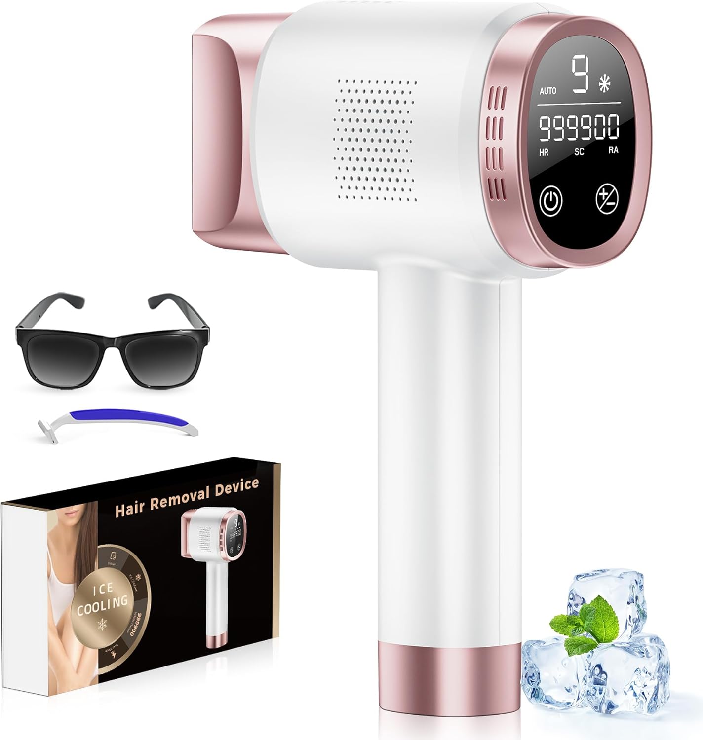 Laser Hair Removal Device, 21J IPL Hair Remval with Painless Ice Cooling Function, 9 Energy Levels Lazer Hair Removal for Women Face Leg Bikini Line and Full Body, Rose Gold