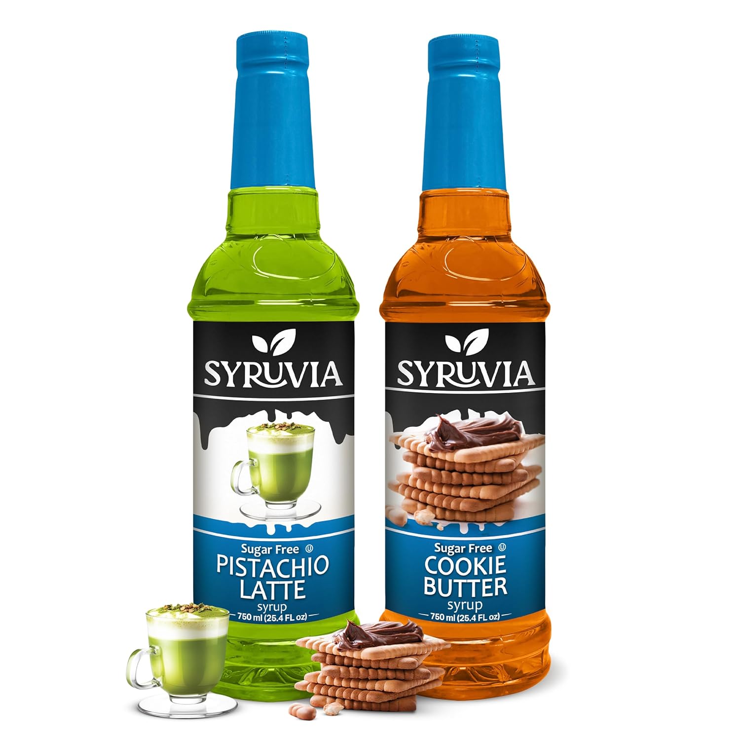 Syruvia Sugar-Free Cookie Butter & Sugar-Free Pistachio Latte Syrup - 25.4 fl oz. Premium Coffee Flavoring Syrup. 0 Calories, Kosher, and Gluten-Free. Perfect for Drinks, Shakes, Desserts, and More.