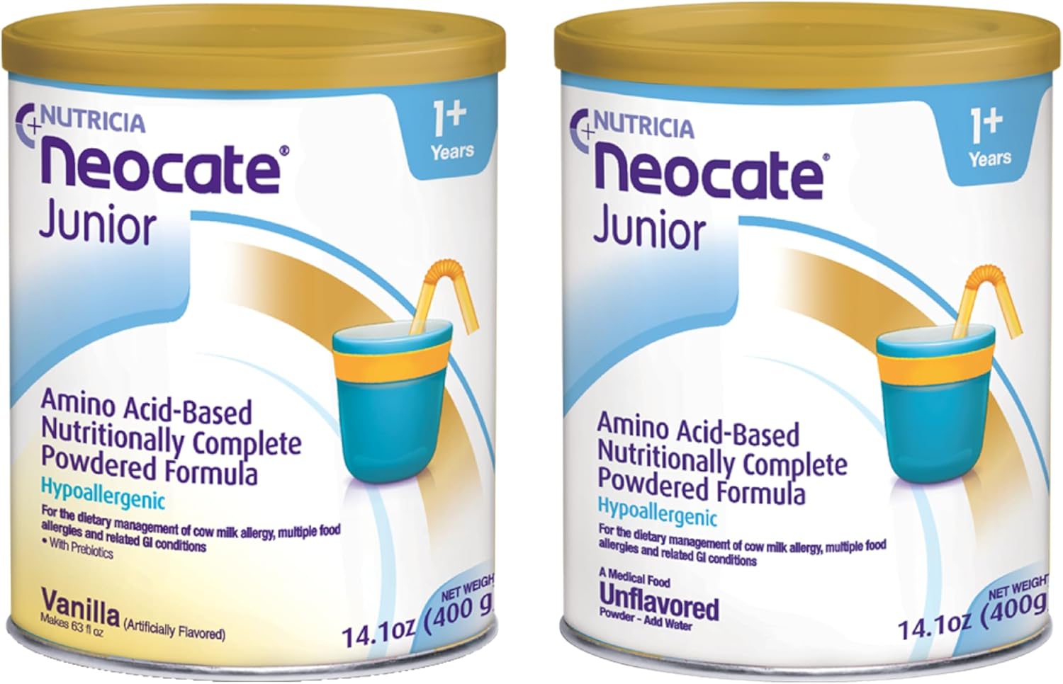 Nutricia Neocate Junior Baby Formula – Hypoallergenic, Dairy-Free, Amino Acid-Based – Unflavored Without Prebiotics & Vanilla With Prebiotics – Powdered Formula for 1+ Years - Bundle (Pack of 2)