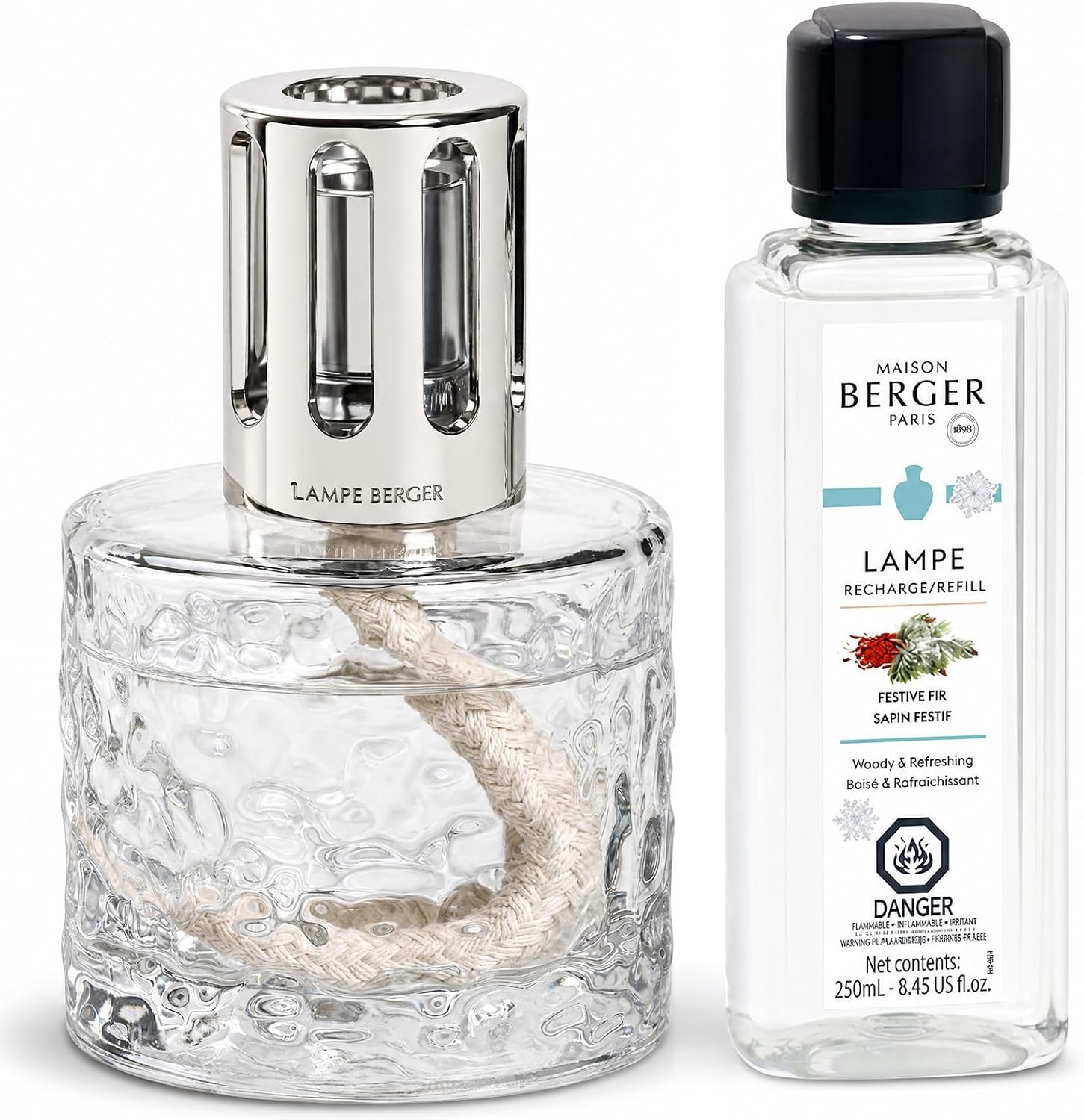 Maison Berger Mirage Lampe Berger Starter Set, Clear, Festive Fir | Decorative Catalytic Lamp, Air Pur System, Includes 250ml Festive Fir Refill, Woody Pine Scent, Flameless, Made in France