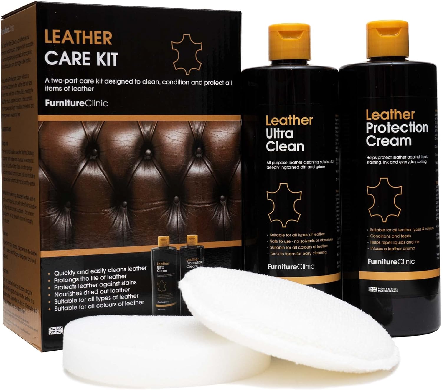 Furniture Clinic Complete Leather Care Kit | Leather Cleaner & Leather Protection Cream for Sofas, Car Seats | Leather Care Set Includes 500ml Ultra Clean & 500ml Leather Conditioner, Sponges