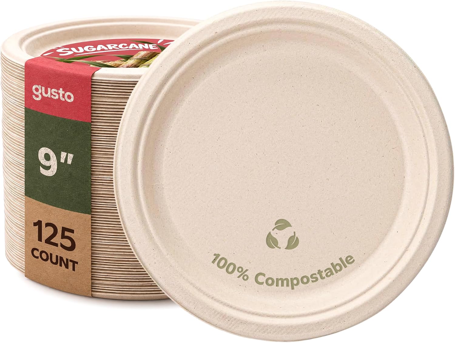GUSTO 100% Compostable 9 Inch Kraft Paper Plates [125 Count] Eco-Friendly Heavy Duty Disposable Dinnerware – Biodegradable Bagasse Dinner Plates, Natural Unbleached