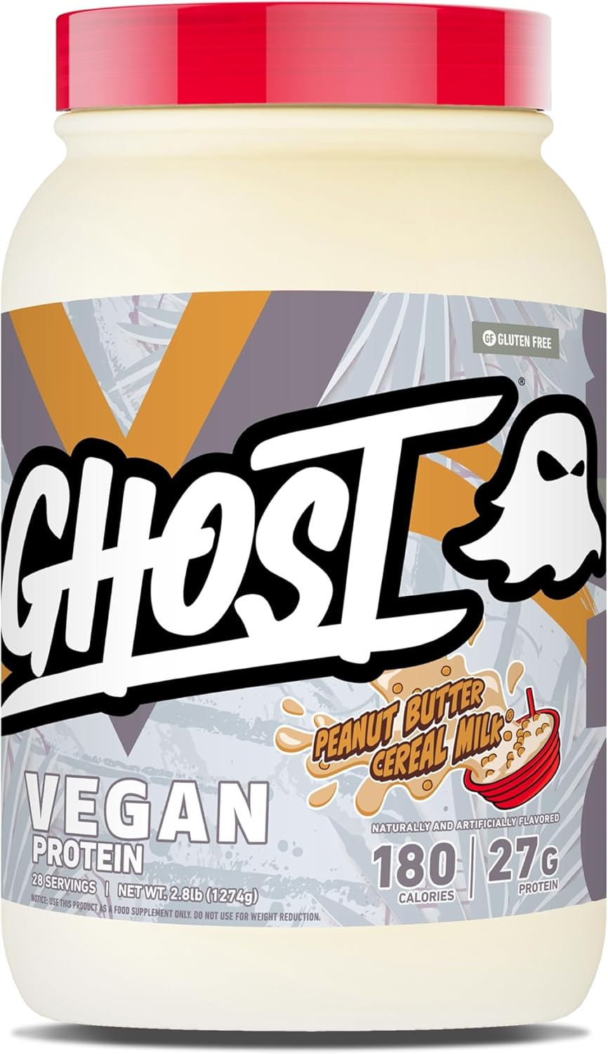 GHOST Vegan V2 Protein Powder, Peanut Butter Cereal Milk - 2LB Tub, 27G of Protein - Plant-Based Pea & Organic Pumpkin Blend Protein with Fiber & Iron ­Flavored Post Workout Shakes - Soy & Gluten Free