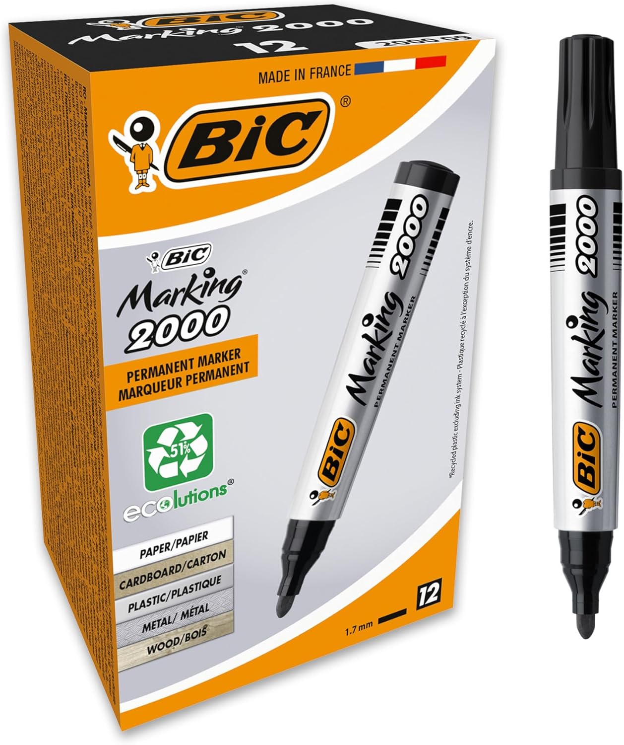 BIC Marking 2000 ECOlutions, Multi-Surface Black Permanent Markers, Ideal for School, Bullet Tip and Quick Drying Ink, Pack of 12