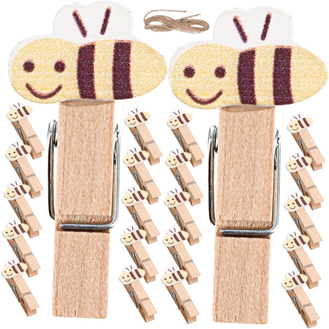 50Pcs Bee Mini Wooden Clothespins with Jute String for Photo Display Snack Bags Cute Party Favors Home and Office Decoration