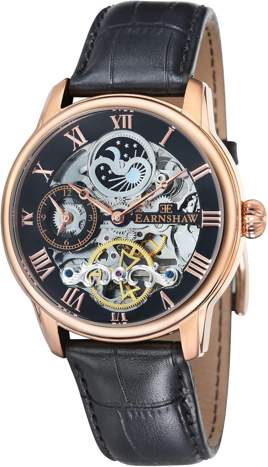 Thomas Earnshaw Men's Longitude Automatic Watch with Black Dial Analogue Display and Black Leather Strap ES-8006-07