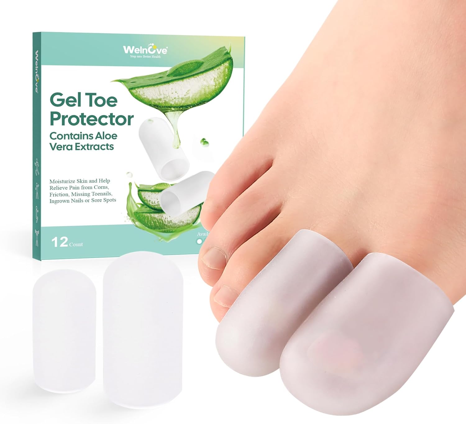 12 Pcs Gel Toe Protector - Welnove Big Toe Cap - Relief for Missing or Ingrown Toenails, Corns, Calluses, Blisters, Hammer Toes, Reduce Friction, Protect Big Toe (4L + 8M, Clear)