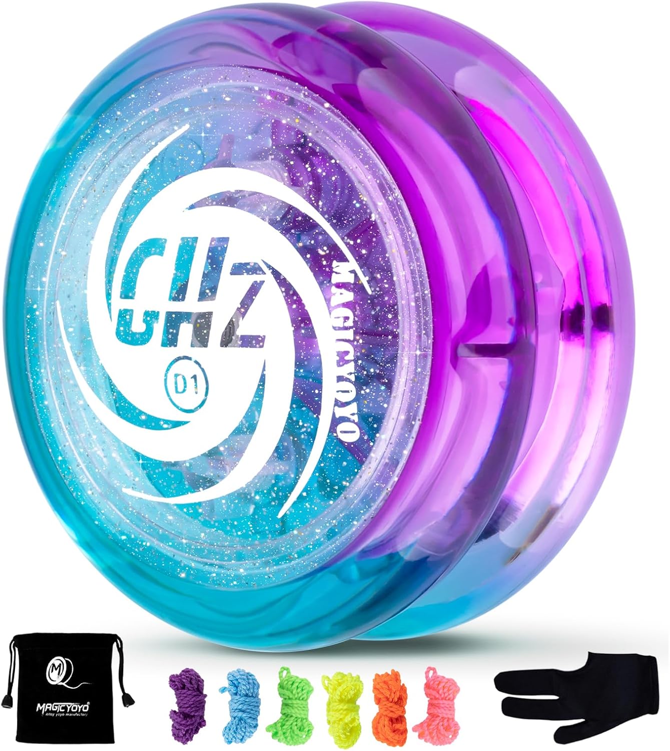 YOSTAR Yoyo D1 GHZ, Easy to Play Yo Yo with Glitter, Looping Responsive Yo-Yo for Kids and Beginners, Professional Plastic Yoyo for 2a Trick, with 6 Extra Strings, Glove, Bag (Green Purple)
