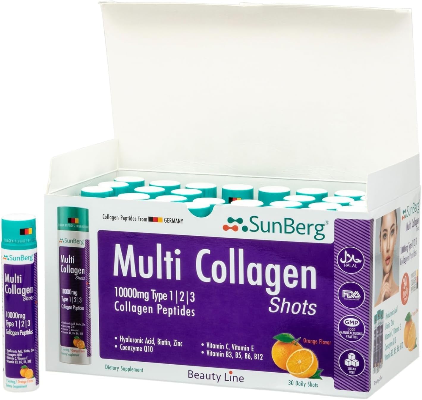 Sunberg Multi Collagen Peptides Liquid Shots - 10,000mg Hydrolyzed Collagen Type I, II, III Hyaluronic Acid Biotin Skin Hair Nail Joints Bones Muscles Teeth - Halal Collagen Complex Supplement 30 Shot