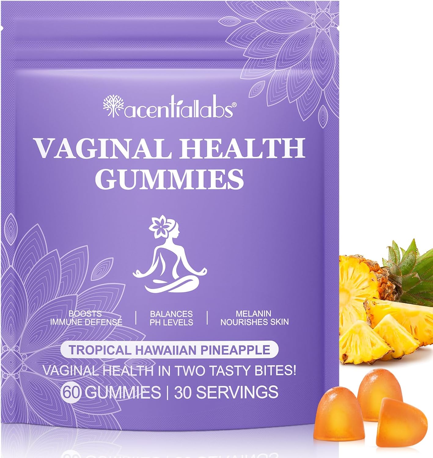 Feminine Balance Gummies, 60 Gummies Vegan Hawaiian Pineapple Flavor - Women’s Health PH Levels- Immune Support - Vegan & Gluten-Free