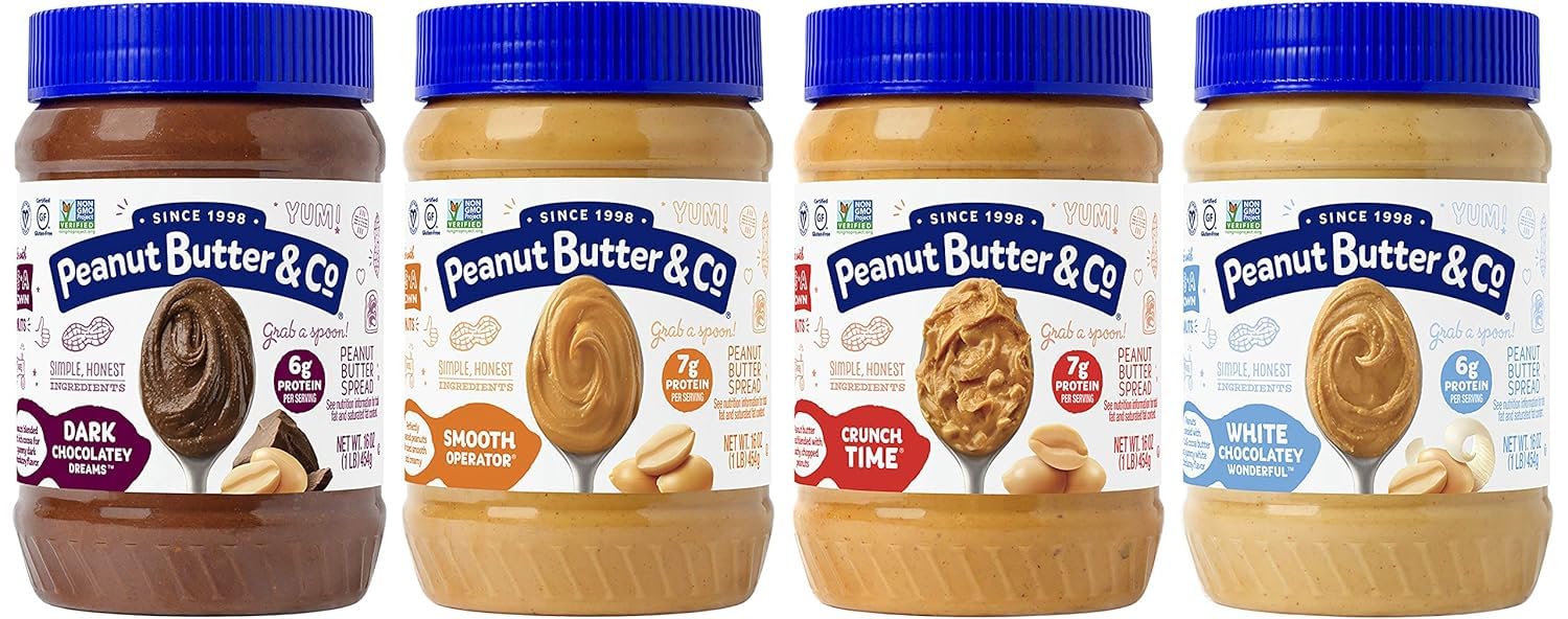 Peanut Butter & Co. Peanut Butter Variety Pack, 4 Flavors, Creamy & Crunchy Peanut Butter, 6–7g Protein, Non-GMO Project Verified, Gluten Free, Vegan, 16 oz Jars (Pack of 4)