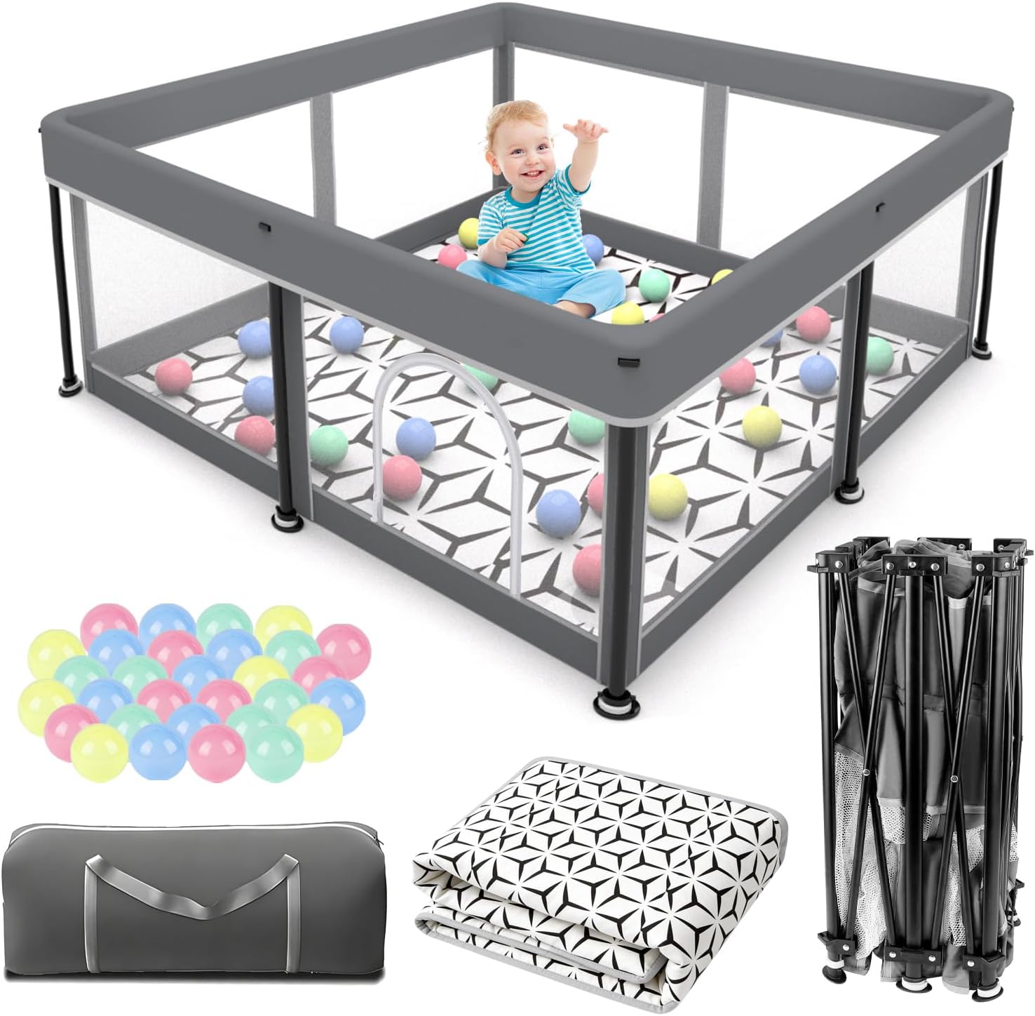 Foldable Baby Playpen with Mat - Portable, Spacious & Sturdy Play Yard for Babies and Toddlers, Quick 1-Minute Setup, Travel-Friendly, Safe & Durable for Indoor and Outdoor Use (Grey, 50x50 inches)