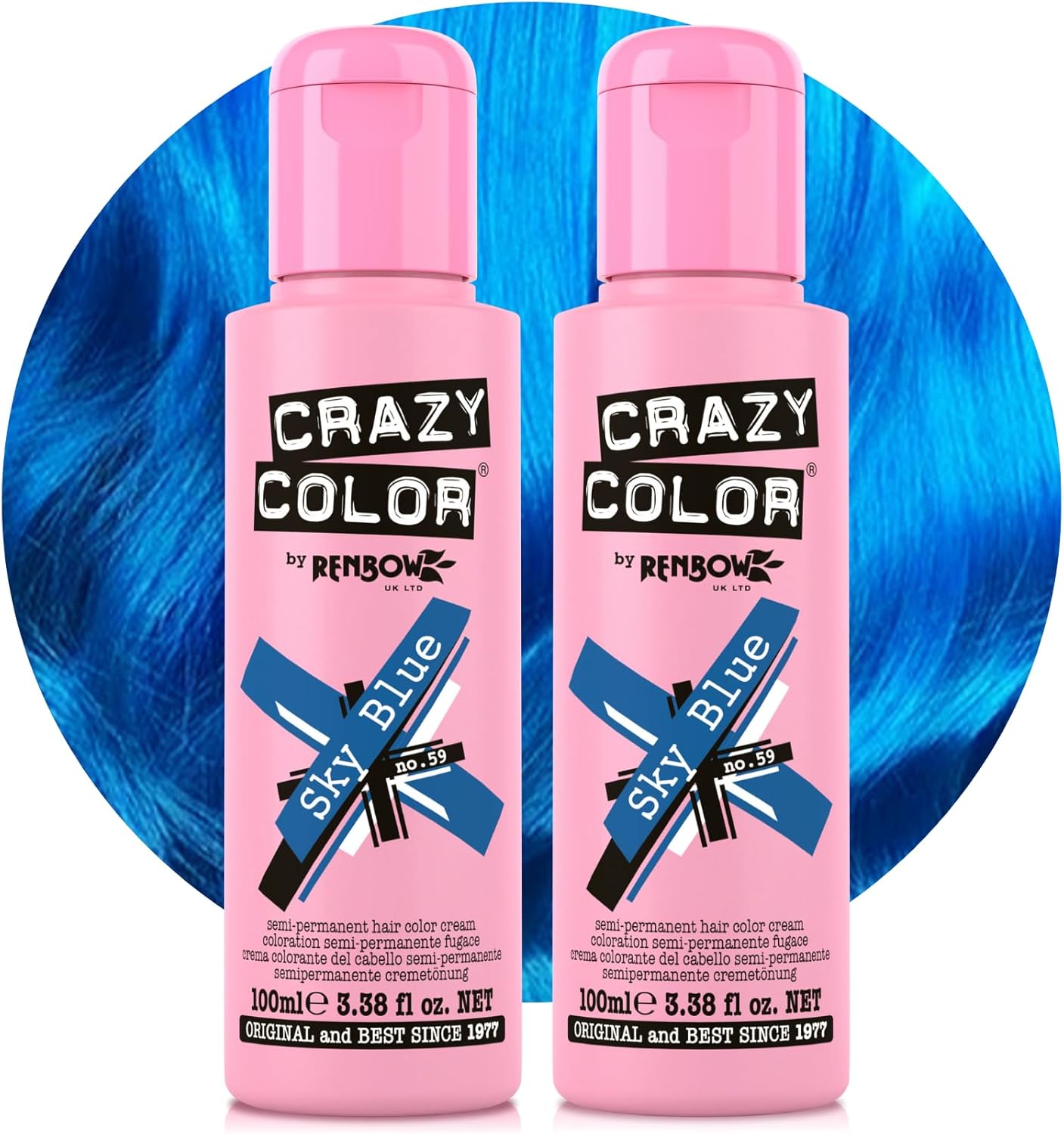 Crazy Color Vibrant Sky Blue Semi-Permanent Duo Hair Dye. Highly Pigmented Cobalt Blue Conditioning & Oil Nourishing Vegan Formula | No Bleach or Ammonia | 200ml