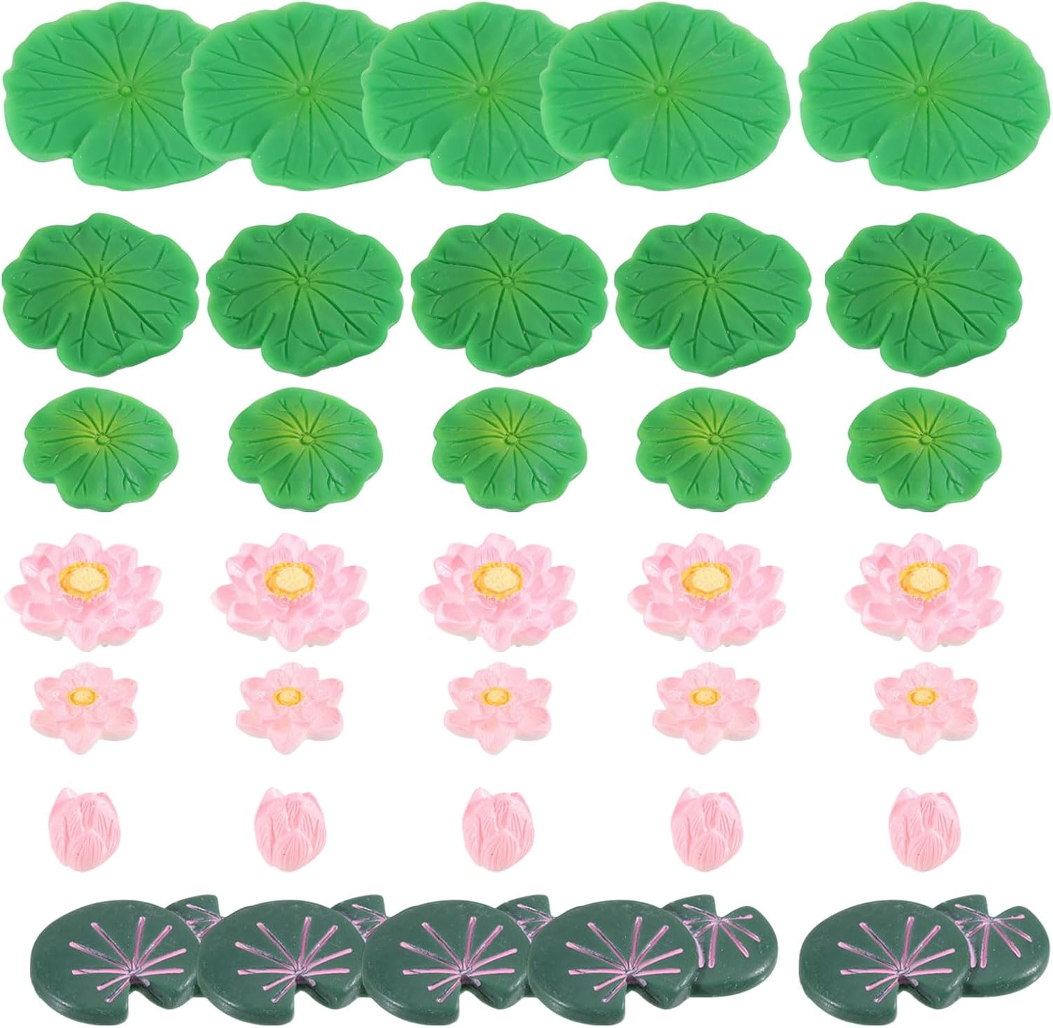 CHGCRAFT 35 Pcs 7 Style Miniature Resin Water Lily Pads Miniature Artificial Floating Lotus Flowers Tank Decoration for Terrariums Fairy Garden Pool Patio Pond Wedding Decor