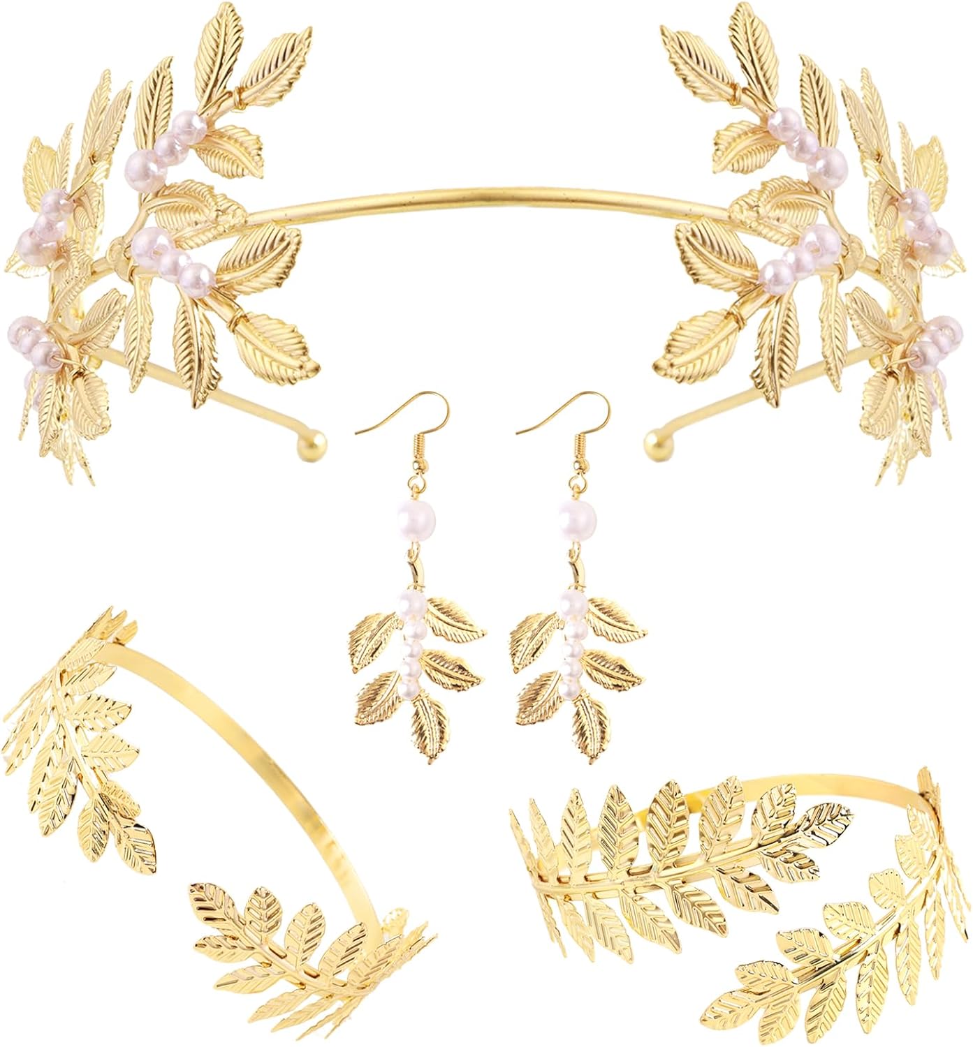 Greek Goddess Jewelry for Women Greek Leaf Headband Costume Accessories Set Gold Leaf Headpiece Crown Artificial Pearl Earrings for Halloween Wedding Party