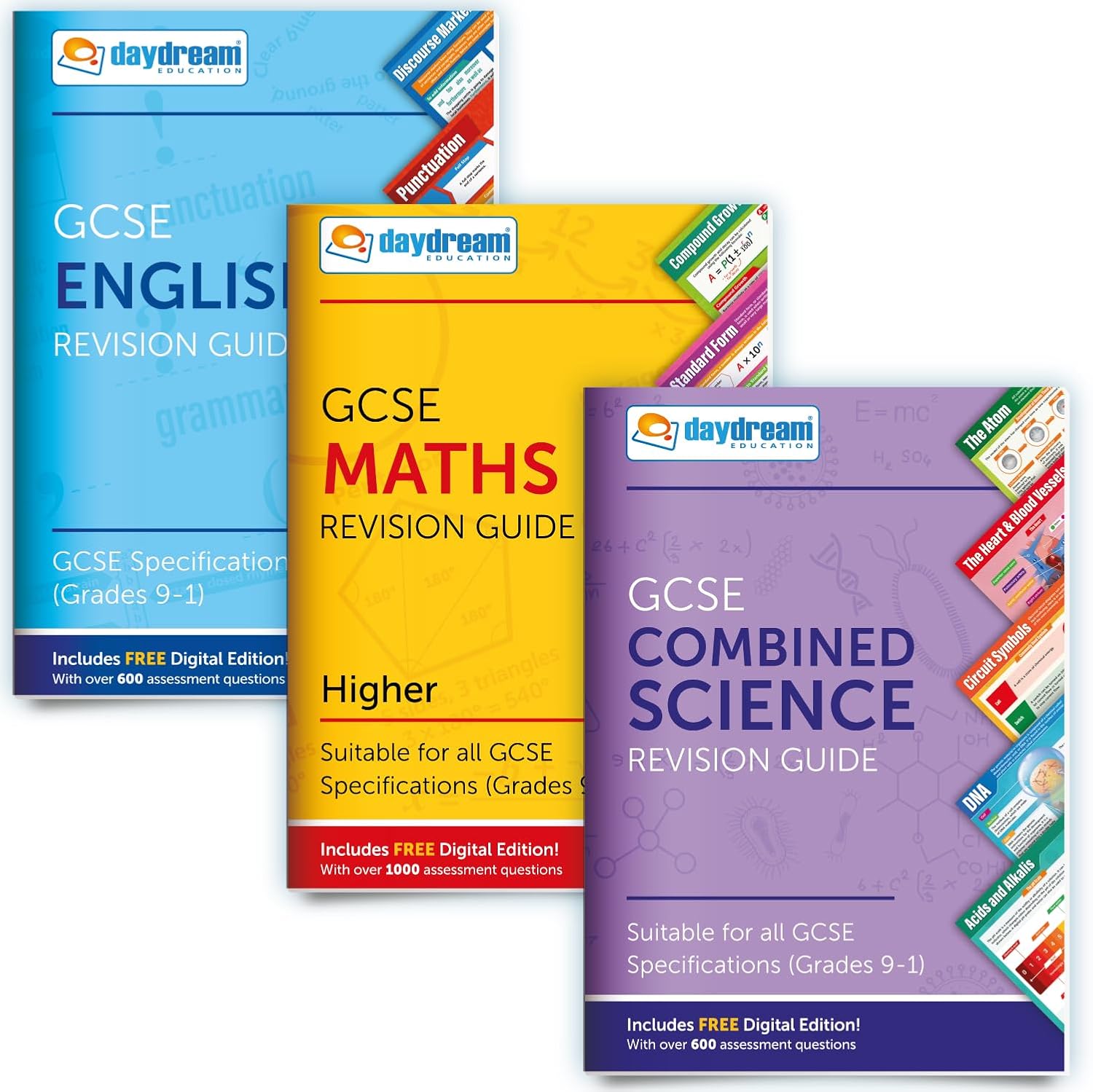 GCSE English, Maths (Higher) & Science Revision Guide Pack | Pocket Poster Revision Guides | GCSE Specification | FREE digital editions with over 1,600 English & Maths assessment questions!